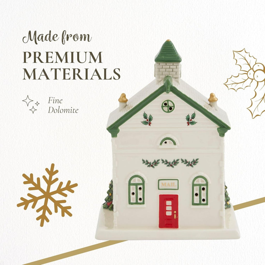 Spode Christmas Tree Miniature Village Figural Decoration, LED Lighted Christmas Village Set, Ceramic Holiday Decor - Dolomite Collectible for Indoor Display (Post Office)
