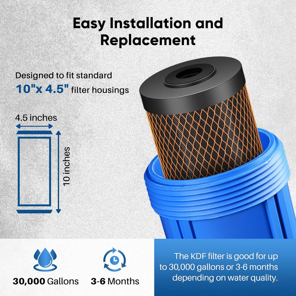 PUREPLUS 5 Micron 10" x 4.5" Whole House Coconut Shell Activated Carbon and KDF Water Filter, Heavy Metal Removal Replacement Water Filter, Compatible with GXWH40L, GXWH35F, BB10, CTO10BB-KDF, 1 PACK