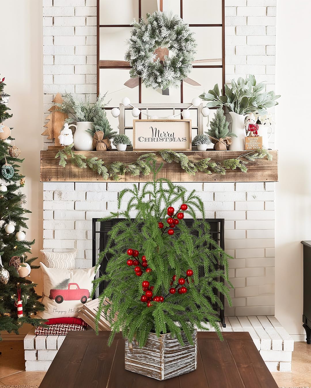 Briful 23.6'' Mini Table Top Christmas Tree with Red Berries – Small Faux Cypress Christmas Tree with Rustic Wooden Base, Realistic Norfolk Pine Tree for Home Office Desk Holiday Centerpiece Decor