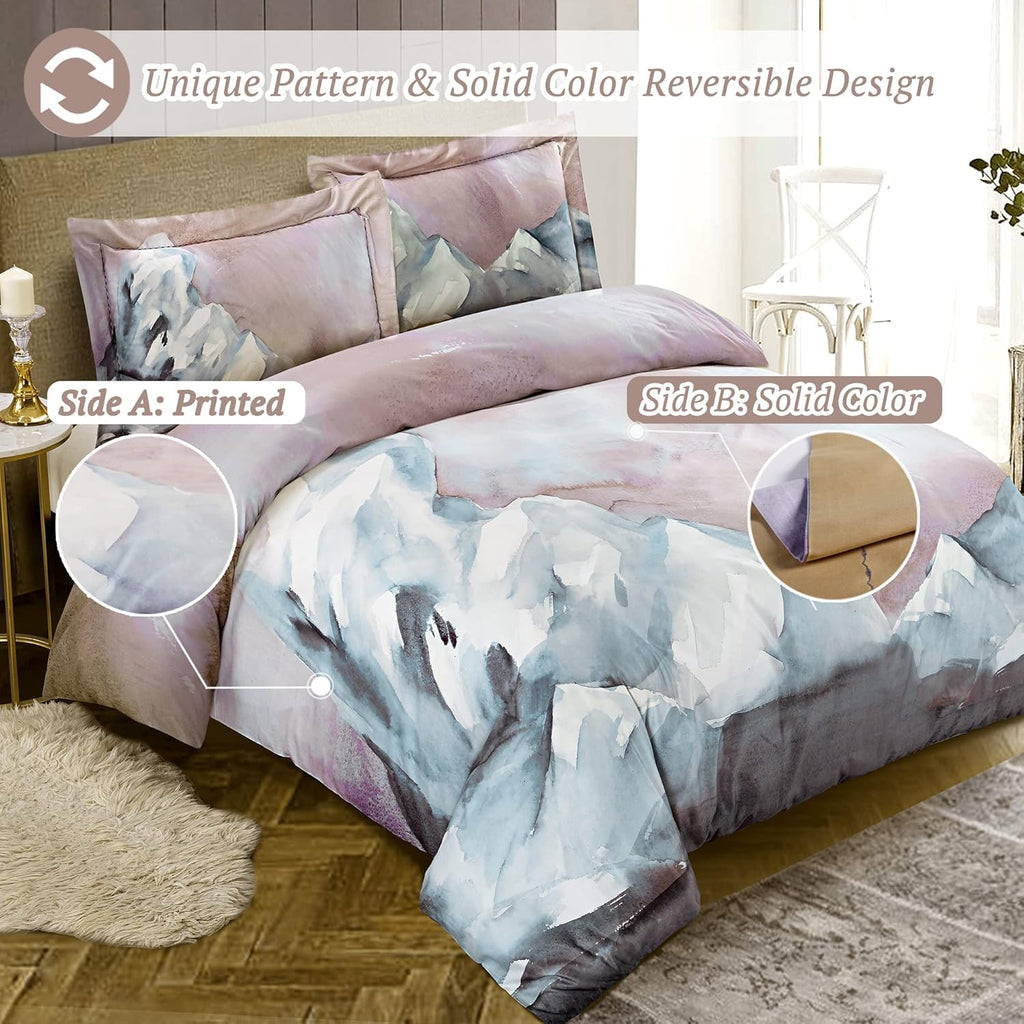 MILDLY 100% Long-Staple Cotton Duvet Cover Set Abstract Gray Pink Marble Pattern Printed Comforter Cover 3pcs, Ultra Soft & Breathable Bedding Set