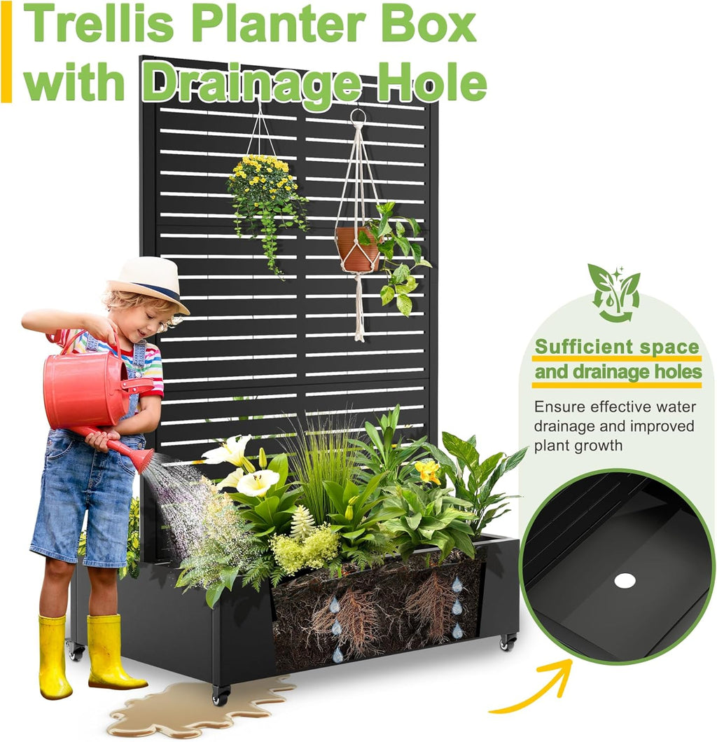 FENCY Dual Planter Boxes Metal Raised Garden Bed with Wheels and Trellis, 73"x35"x24" Privacy Screen for Vegetables, Vines & Flowers, Includes Drainage Holes