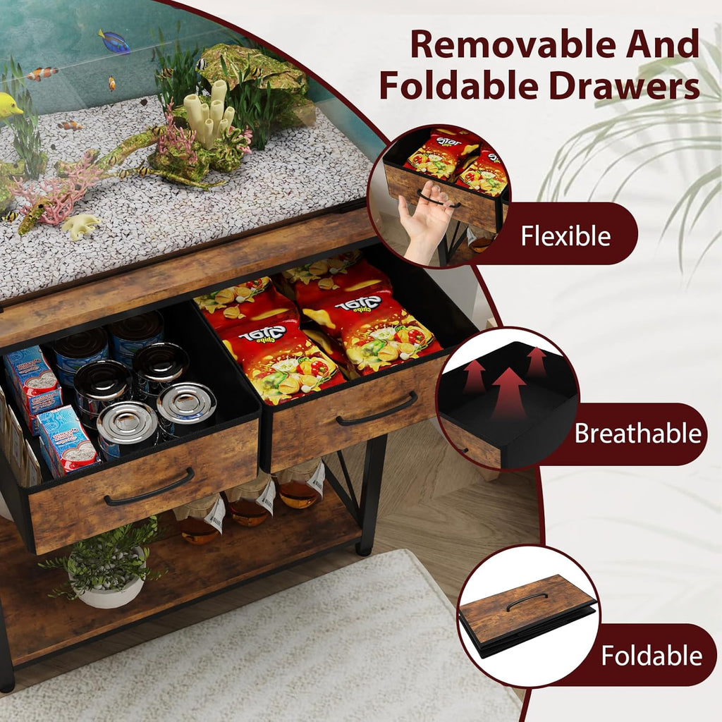 TFK 20-29-37Gallon Fish Tank Stand with Power Outlet, Heavy Duty Metal Aquarium Stand with Two Storage Drawers for Fish Tank Accessories Storage, Perfect for Turtle Tank, Reptile Terrarium, Brown