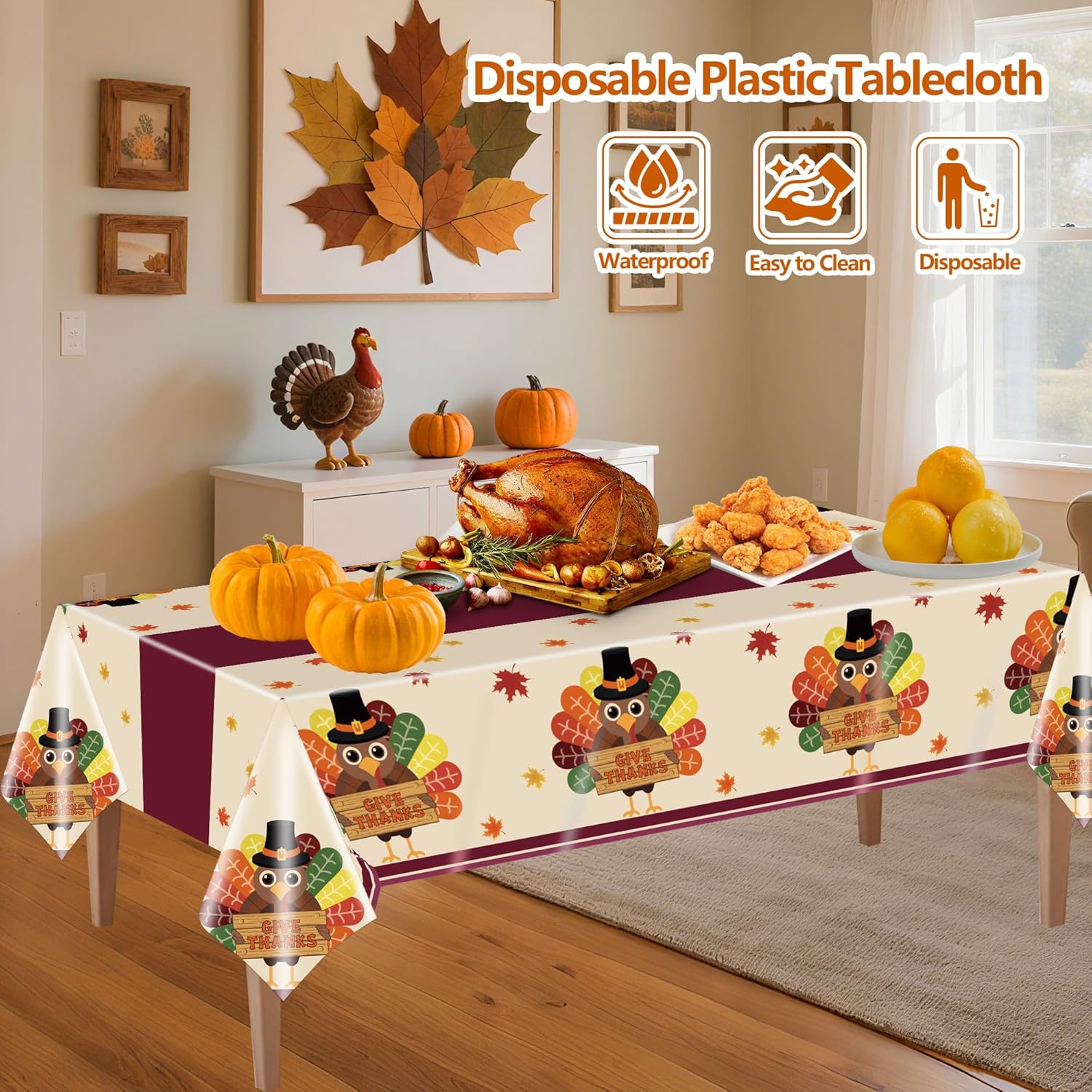 Thanksgiving Turkey Tablecloth Disposable Plastic Table Cover Fall Tablecloths Thanksgiving Table Decor for Friendsgiving Party Decorations 54"x108" 3 Pack