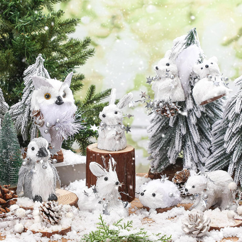 8 Pack Sisal Woodland Friends Animals White Mini Winter Christmas Tree Hanging Ornaments Set Natural Sisal Straw Figurines Rustic Forest Hanging Accessory Decor for Winter Fairyland Decor
