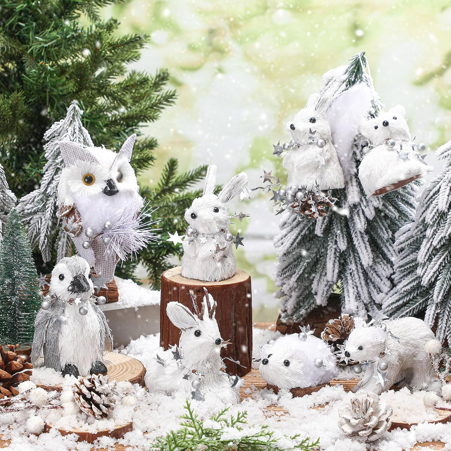 8 Pack Sisal Woodland Friends Animals White Mini Winter Christmas Tree Hanging Ornaments Set Natural Sisal Straw Figurines Rustic Forest Hanging Accessory Decor for Winter Fairyland Decor