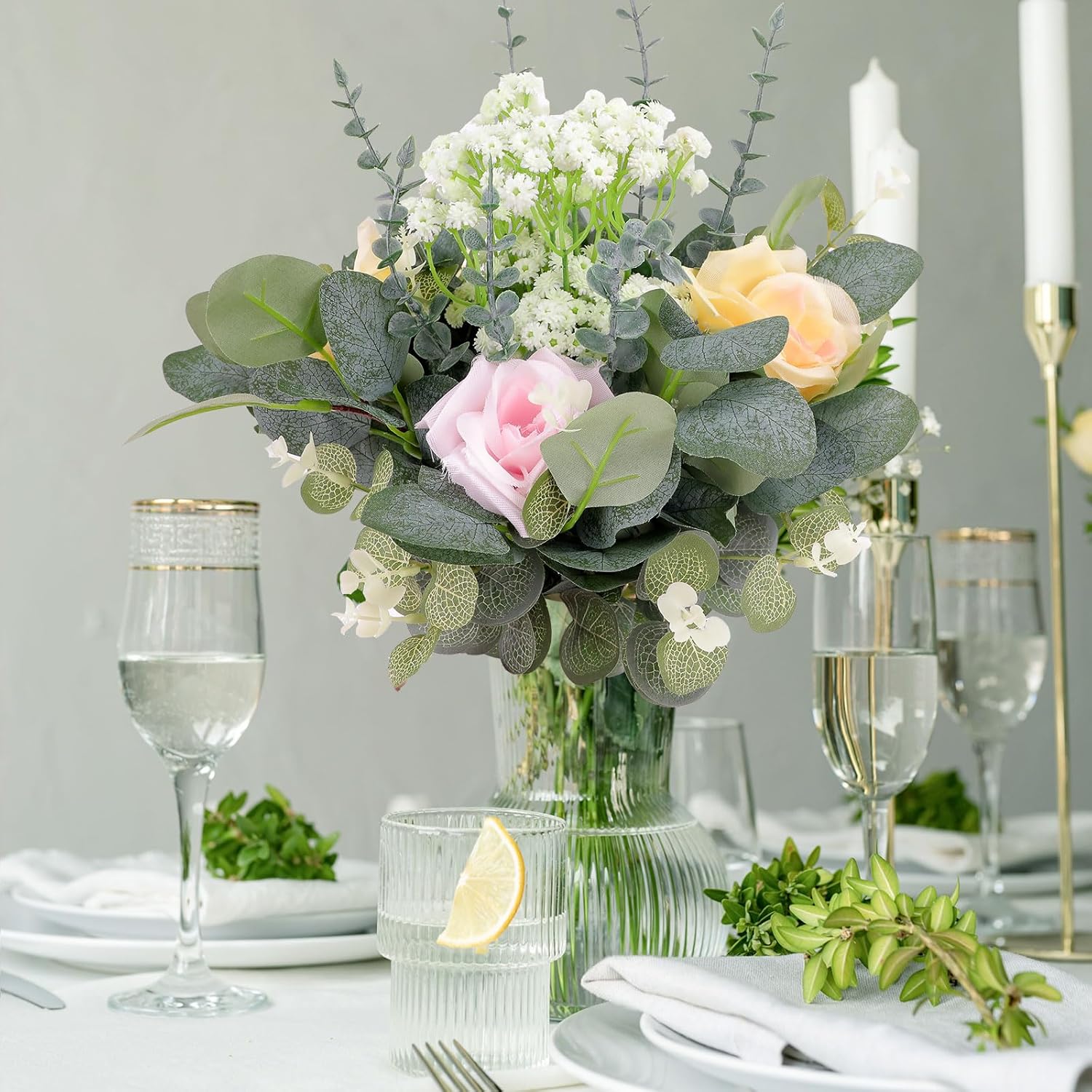 200 Pcs 4 Kinds Artificial Eucalyptus Stems, Mixed Faux Greenery Stems Fake Silver Dollar Eucalyptus Leaves Stems Bulk Babys Breath for DIY Bouquet Centerpieces……