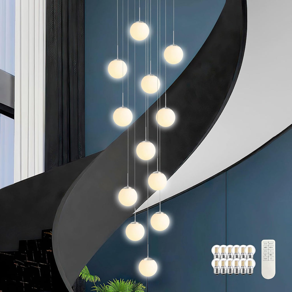 KoKo&Yukina 12-Light Nickel Mid Century Modern Chandelier for Living Room Staircase Chandelier for Entryway Globe Milky White Glass Pendant Light High Ceiling Chandeliers Foyer (Bulb & Remote Incl.)