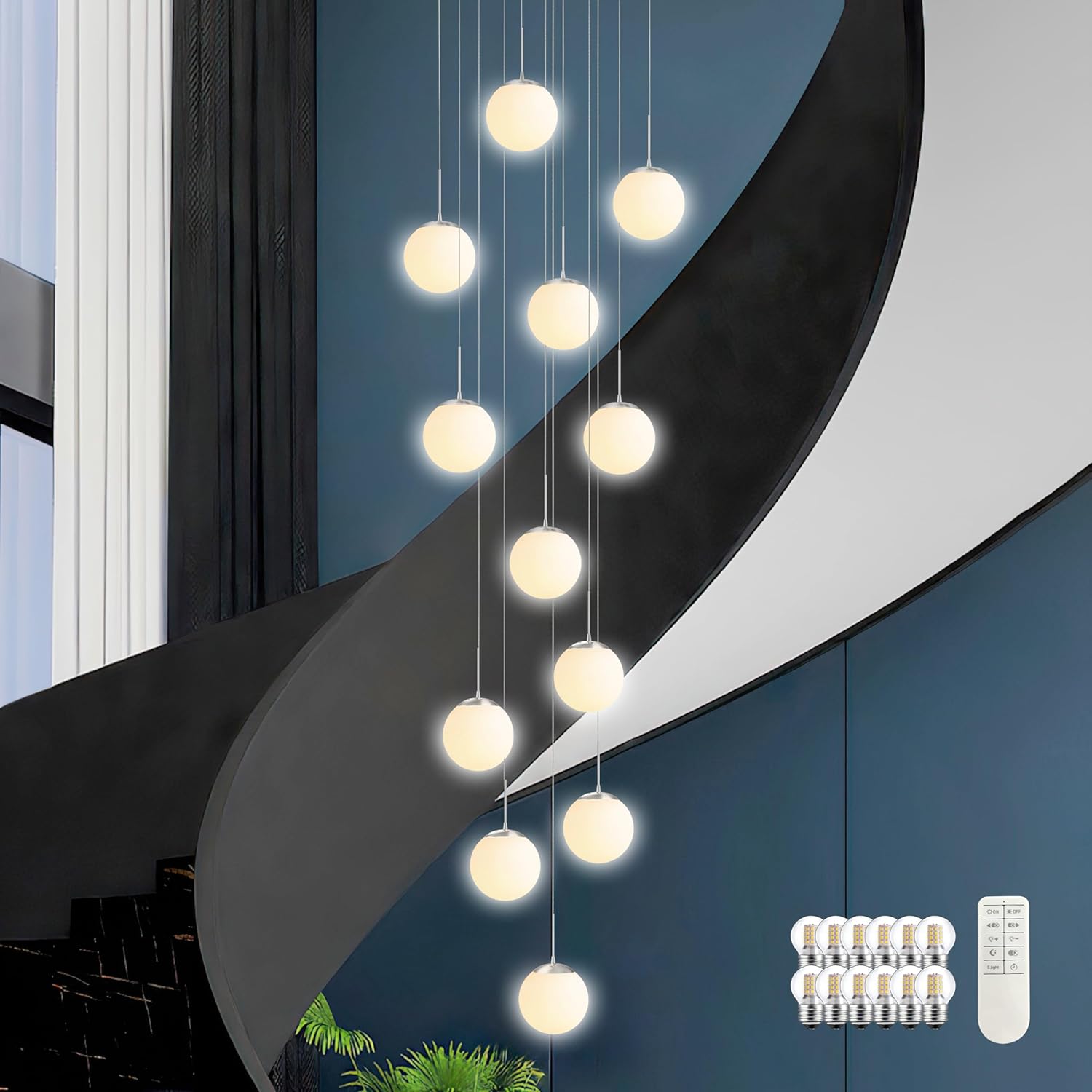 KoKo&Yukina 12-Light Nickel Mid Century Modern Chandelier for Living Room Staircase Chandelier for Entryway Globe Milky White Glass Pendant Light High Ceiling Chandeliers Foyer (Bulb & Remote Incl.)