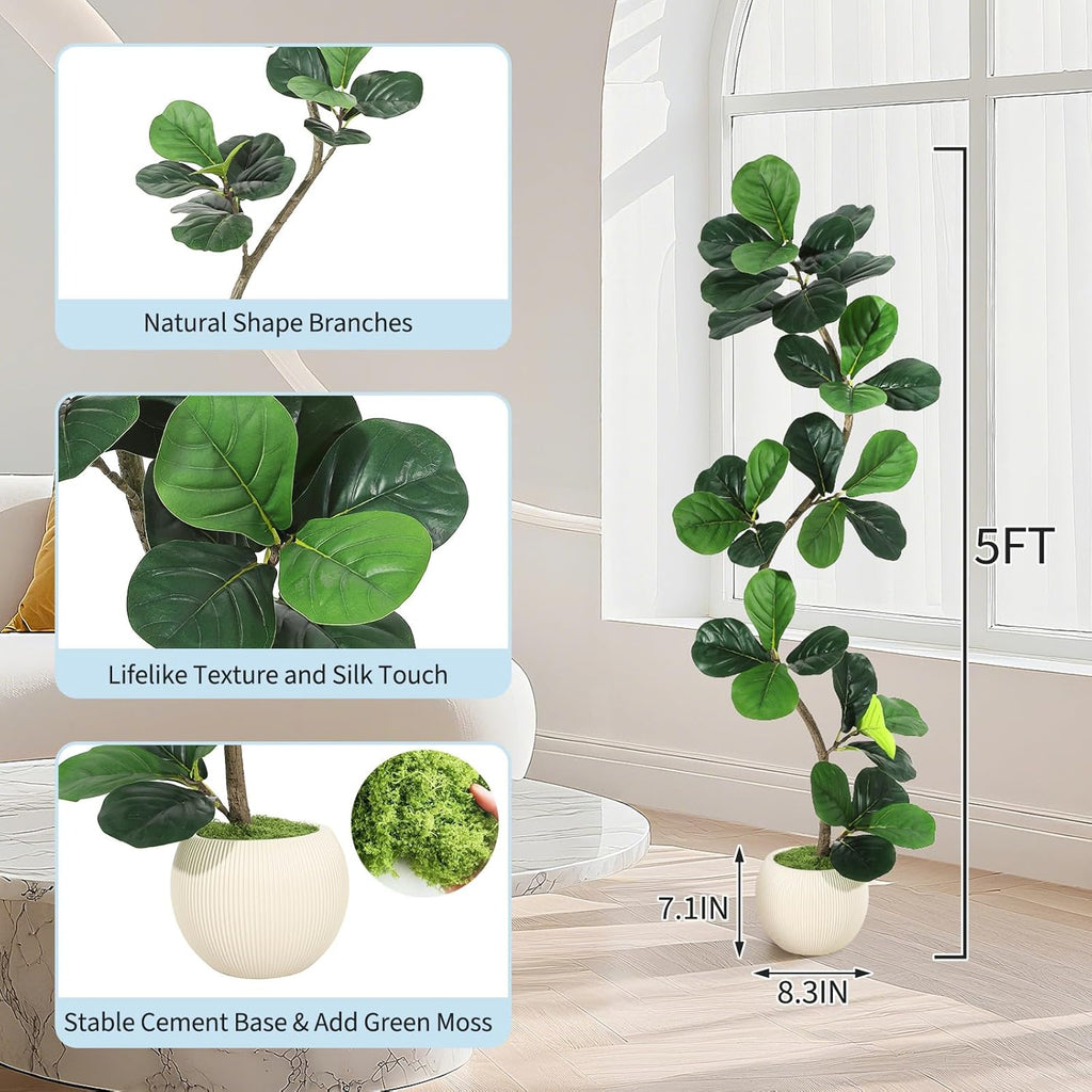 GarveeHome Fiddle Leaf Fig Artificial Tree with White Planter,5 ft Faux Plants Indoor with Moss, Fake Rubber Tall Fake Floor Plant in Pot - Artificial Trees for Home Office Living Room Decor