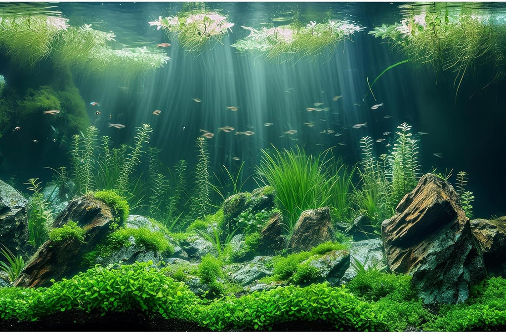 Underwater Aquarium Background Lush Green Aquatic Plants Fish Tank Background Rocks Stones with Moss Under The Sea Terrarium Background Tropical Underwater World Theme Aquarium Backdrop 24x16in