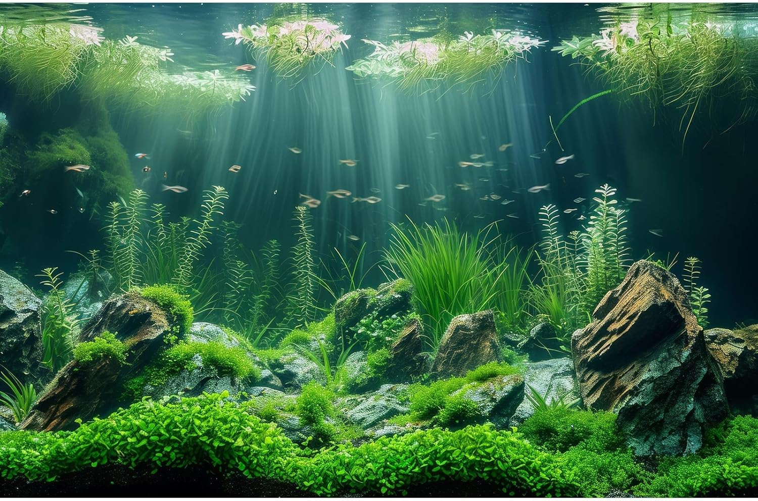 Underwater Aquarium Background Lush Green Aquatic Plants Fish Tank Background Rocks Stones with Moss Under The Sea Terrarium Background Tropical Underwater World Theme Aquarium Backdrop 60x24in