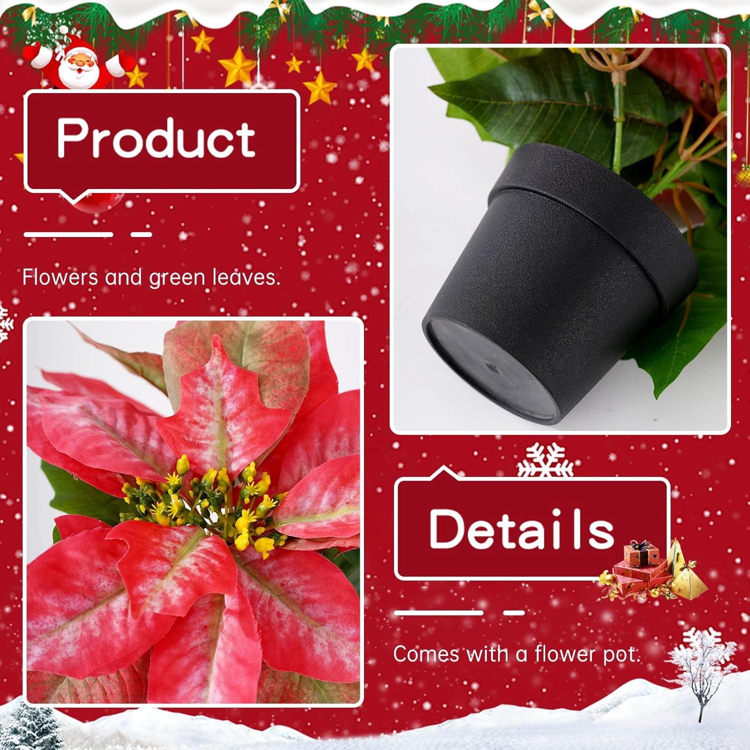 2 Pack Poinsettias Artificial Christmas Flowers Small Poinsettia Plant Artificial 9 Inch Teas Red Faux Winter Flowers for Porch Home Garden Decorations Indoor Outdoor Xmas Ornament