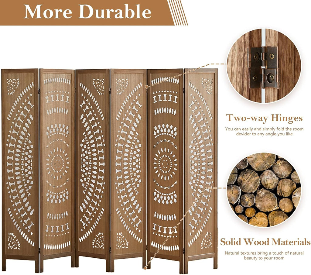 Room Dividers and Folding Privacy Screens, Boho 6 Panel Room Divider, 67" Room Divider Wall, Modern Room Partition, Privacy Dividers for Rooms, Bedroom, Office, Brown