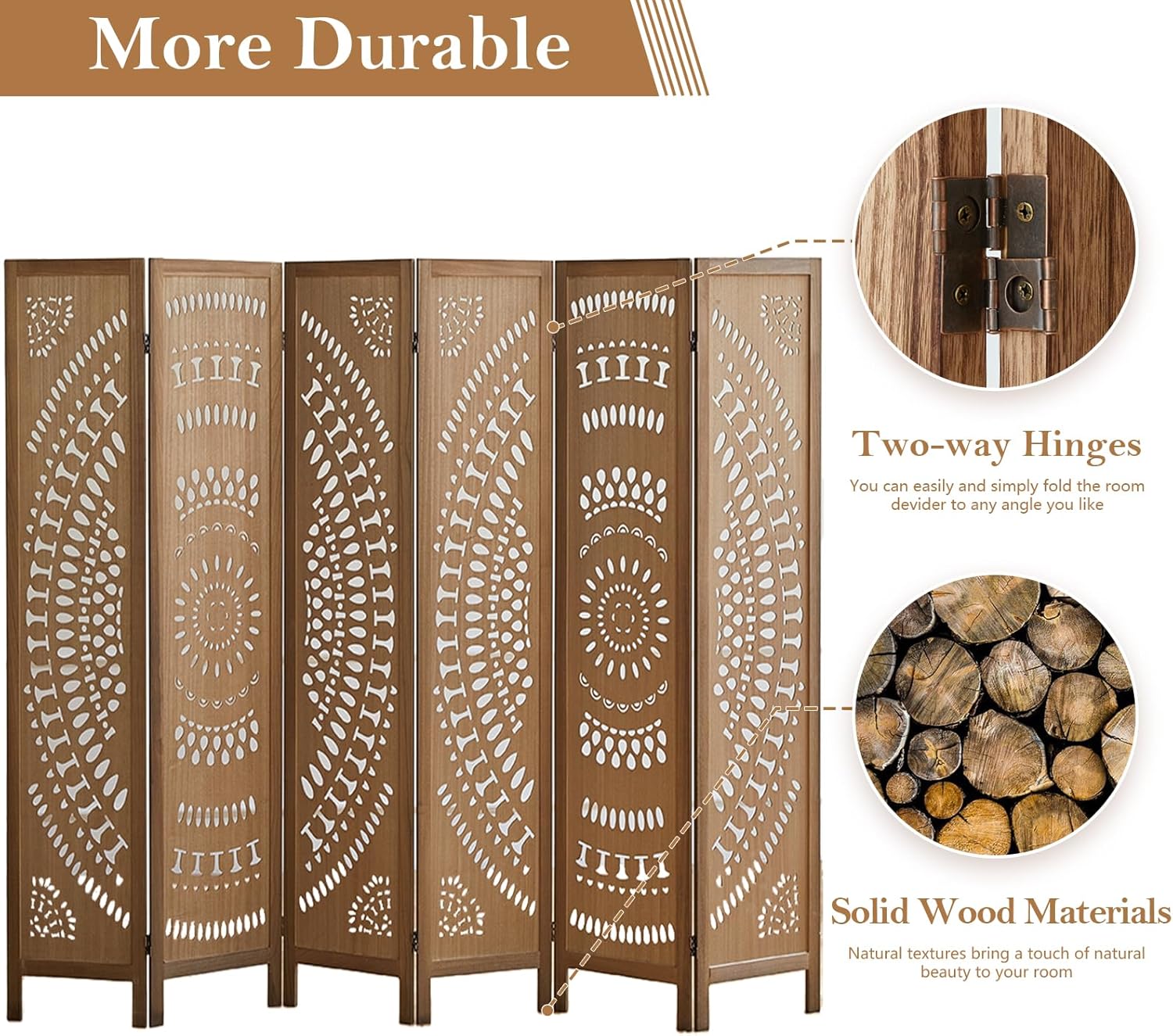 Room Dividers and Folding Privacy Screens, Boho 6 Panel Room Divider, 67" Room Divider Wall, Modern Room Partition, Privacy Dividers for Rooms, Bedroom, Office, Brown