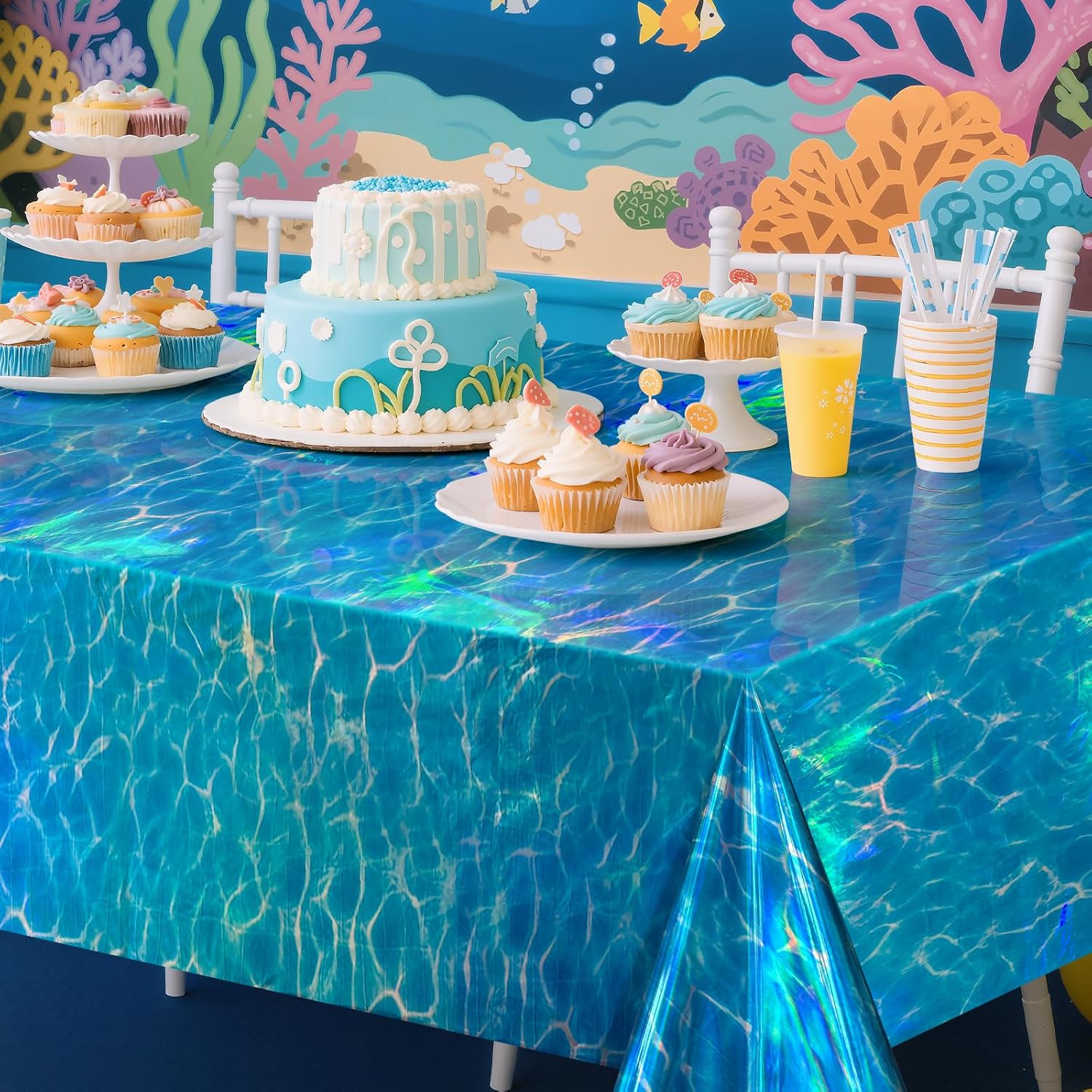 4 Pack Ocean Waves Holography Tablecloth, 54 x 108” Blue Sea Design, Waterproof Disposable Plastic Table Cover for Beach, Pool, Under The Sea, and Birthday Party Decorations