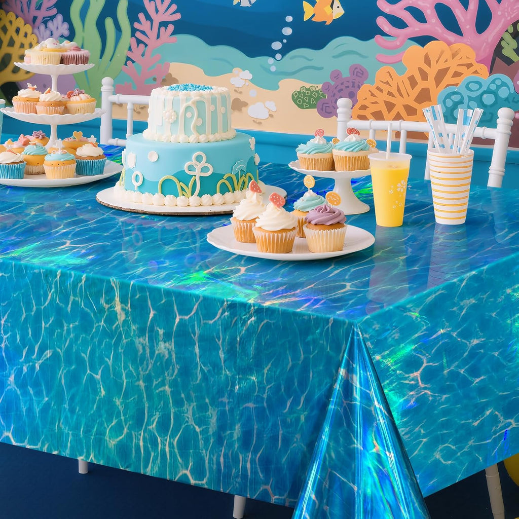 8 Pack Ocean Waves Holography Tablecloth, 54 x 108” Blue Sea Design, Waterproof Disposable Plastic Table Cover for Beach, Pool, Under The Sea, and Birthday Party Decorations