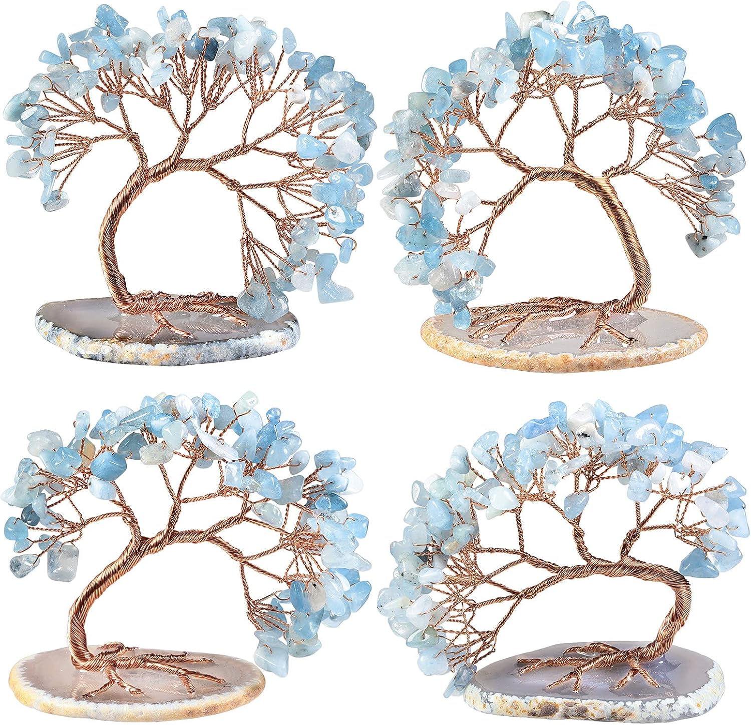mookaitedecor Natural Aquamarine Crystal Money Tree Agate Slice Base Feng Shui Bonsai Crystal Tree for Wealth Luck Desk Decor, 3-4 Inch High