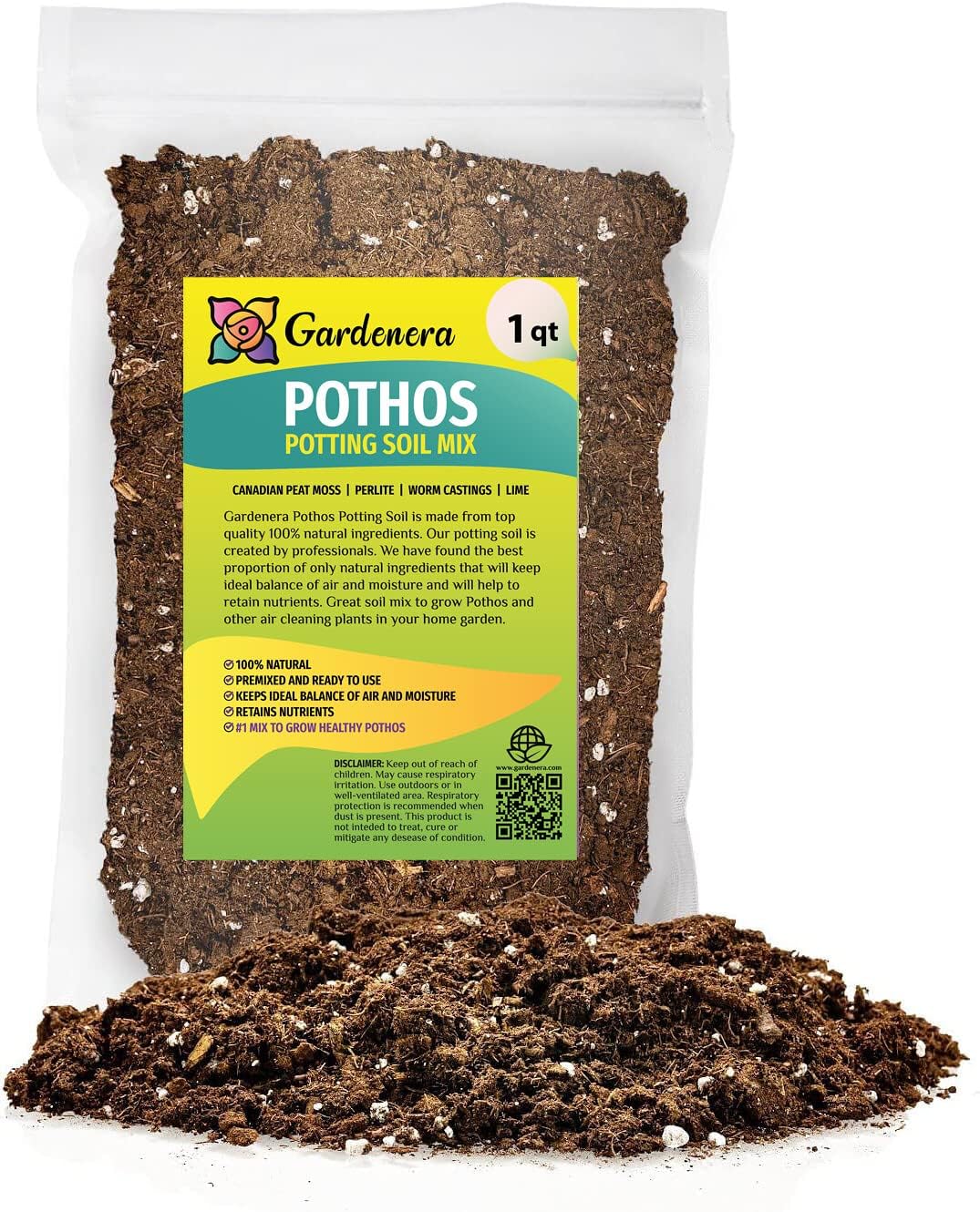 GARDENERA Premium Pothos Potting Soil Mix - Air Cleaning Plant Potting Mix, Soil Mix for Pothos, Parlor Palm, Peace Lily - (1 Quart Bag)
