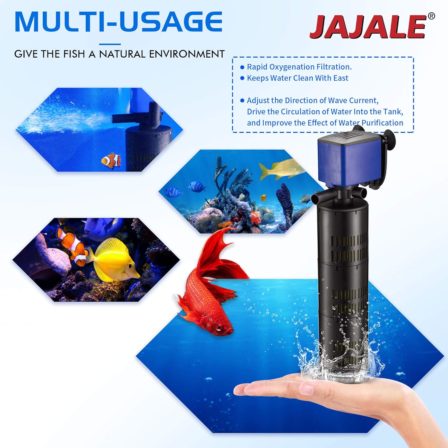 475 GPH Internal Filter Submersible Pump - 3 in 1 Aquarium Fish Tank Pump with Oxygenation, Filtration & Water Cycling, 5 ft max lift, 25W - 3 Pack