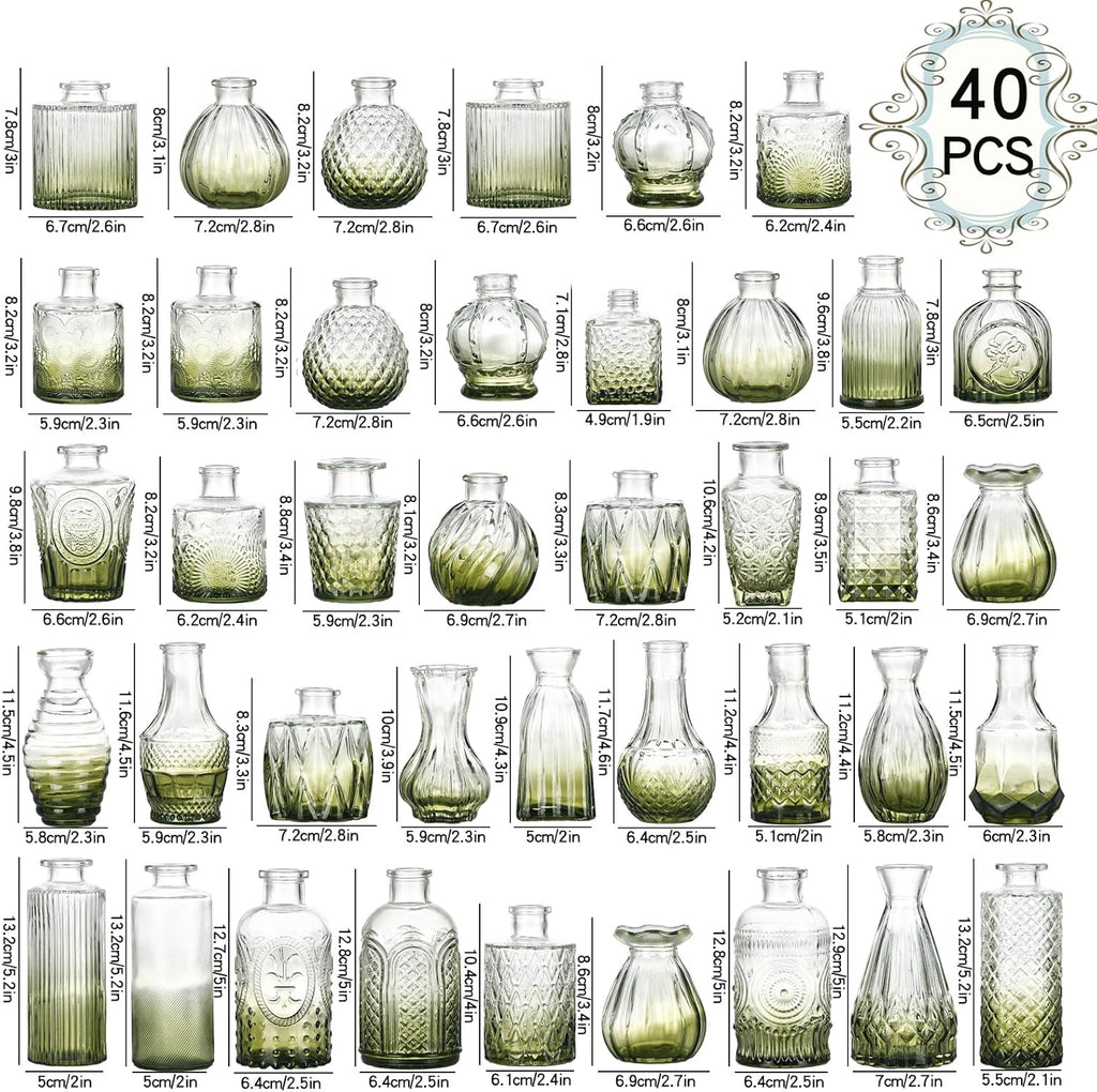 Green Bud Vases Set of 40, Mini Flower Vase for Centerpieces, Small Glass Bud Vases in Bulk for Wedding Decorations, Vintage Vase for Table, Recepetion, Home Décor