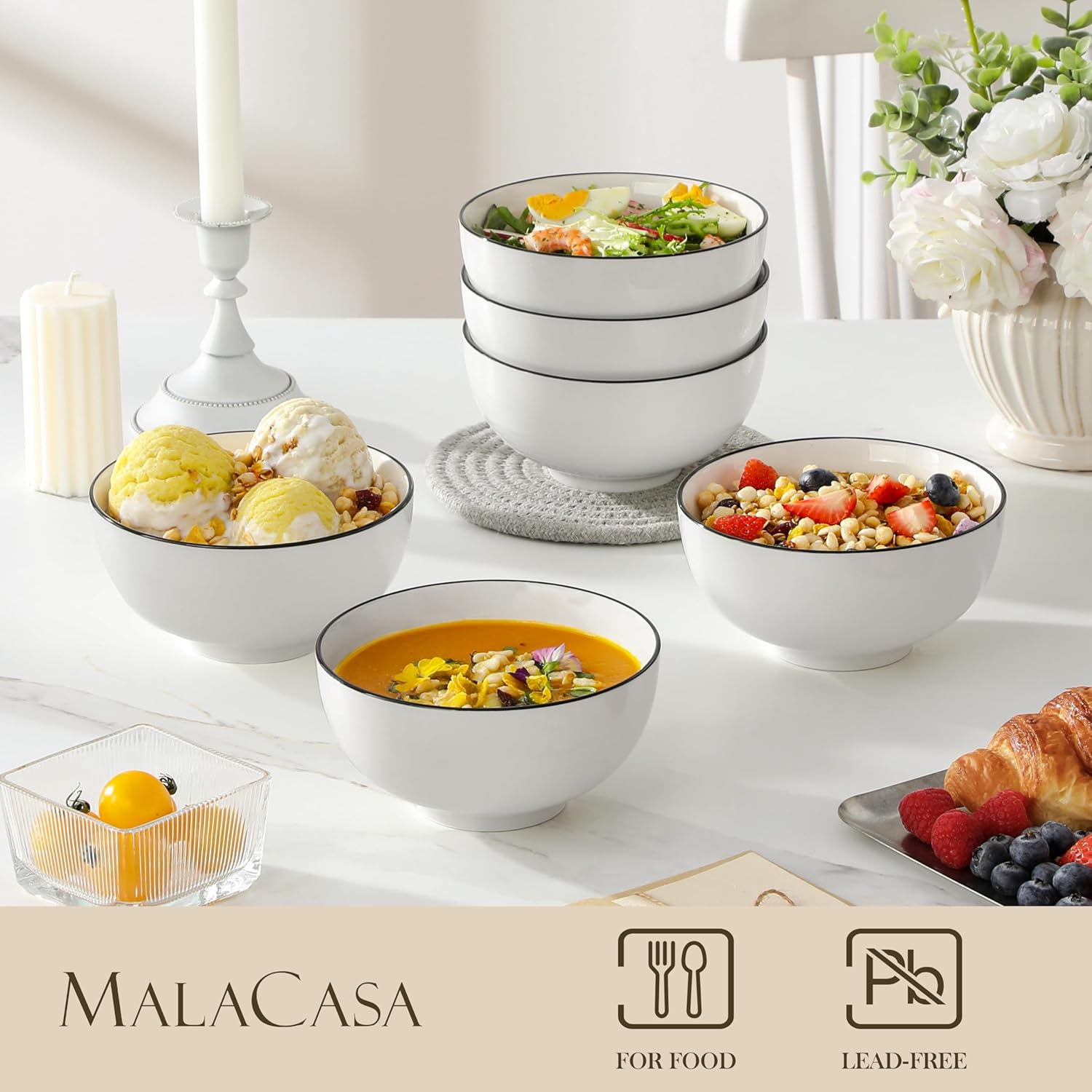 MALACASA Ceramic Soup Bowls, 26Oz Cereal Bowls Set of 6 for Soup, Cereal, Oatmeal, Fruit, Rice - Porcelain Serving Bowl for Kitchen, Dishwasher and Microwave Safe, Series Regular