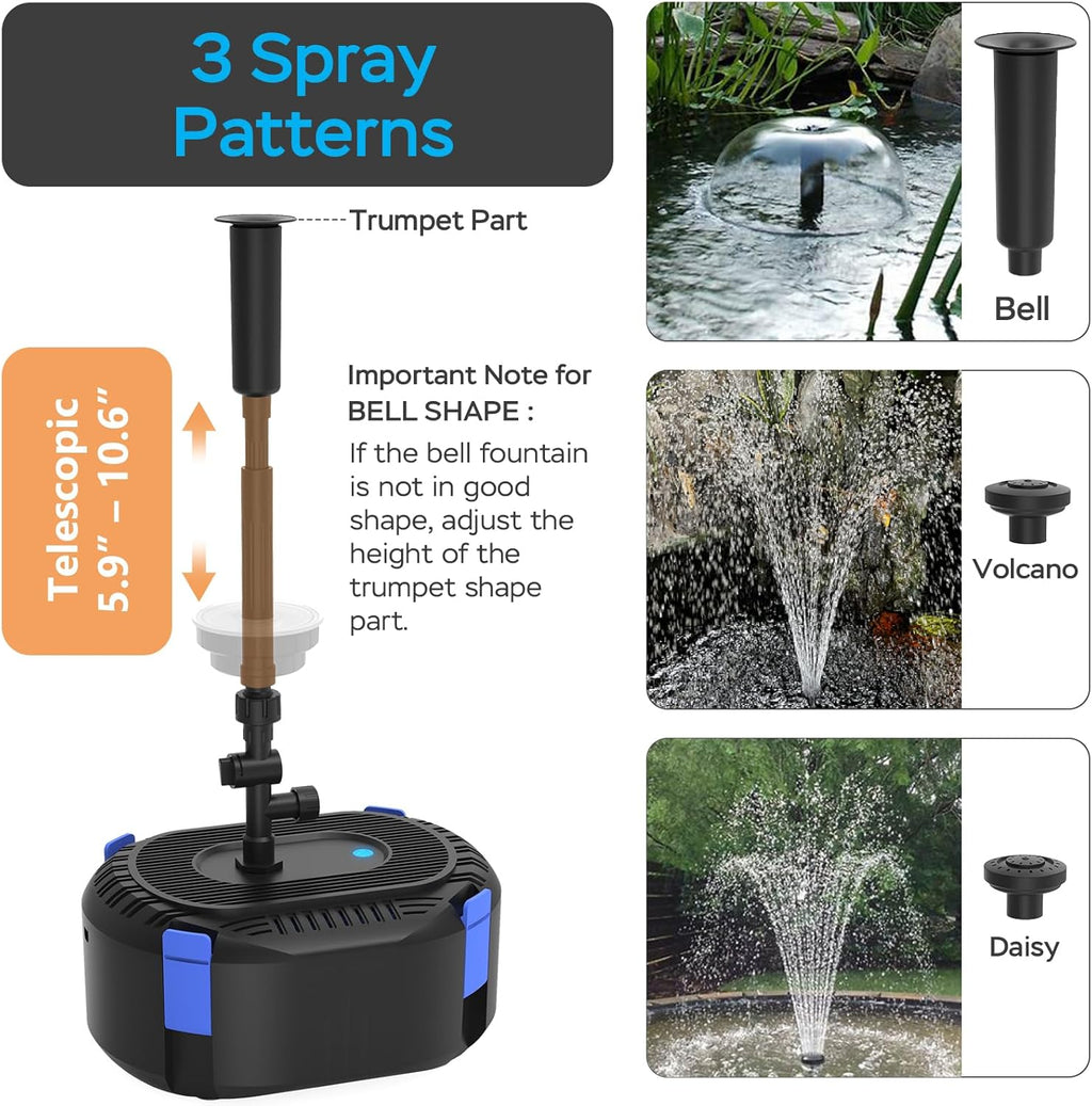 AquaMiracle All-in-One Pond Fountain Kit with Automatic Colorful LED for Outdoor Ponds 200-500 Gal, 550GPH Koi Pond Filter Pump with U - V Light to Tackle Green Water Al-gae, with 3 Spray Patterns