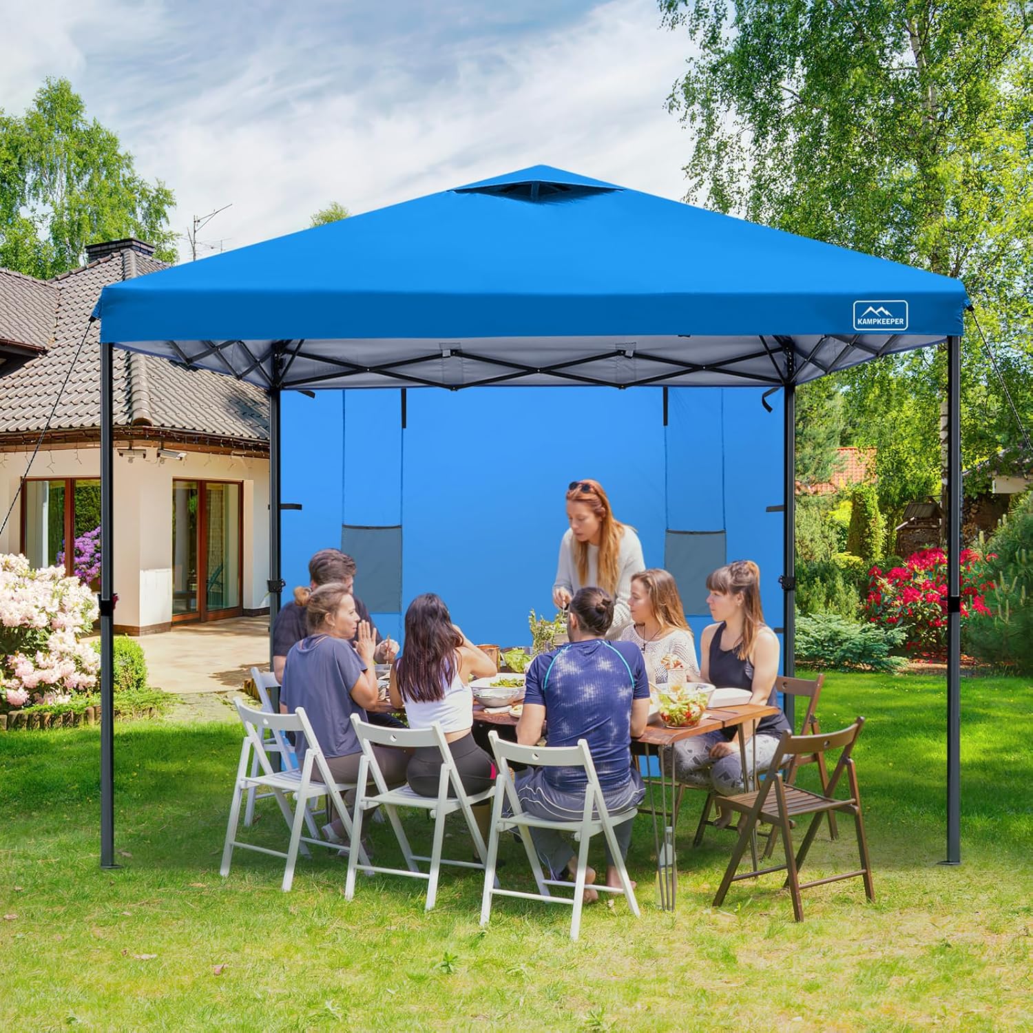 KAMPKEEPER 10x10 Easy Pop Up Canopy Tent with Sidewalls, Instant Outdoor Shade Shelter with Removable 10FT Sun Walls, Quick Setup Waterproof and UV-Resistant for Patio (Light Blue, 1 sidewall)