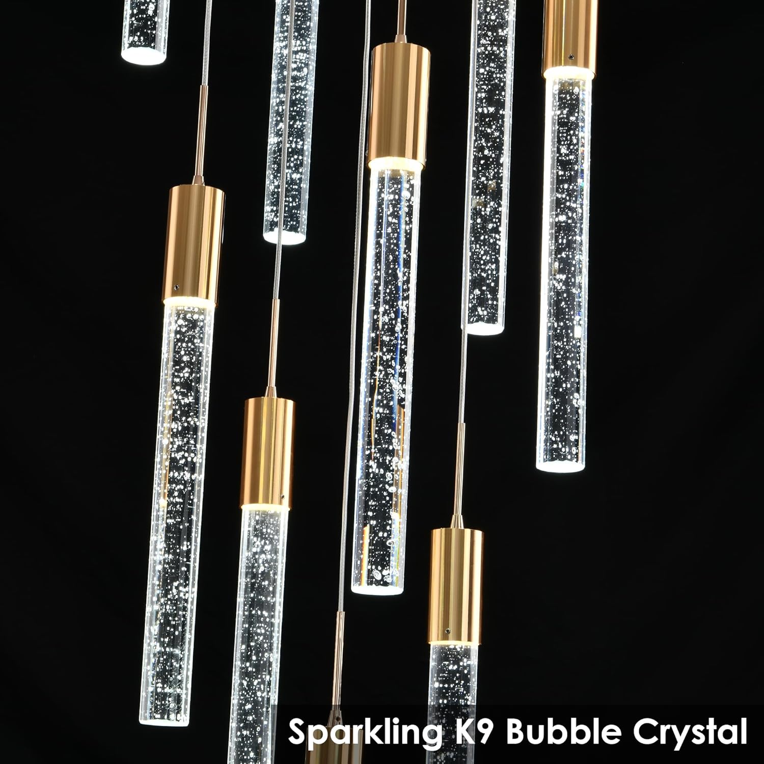 Modern Crystal Chandelier 3-Lights, Spiral LED Raindrop Kitchen Island Pendant Lighting, Bubble Foyer Dinimg Room Hanging Light Fixture Remote Control Gold