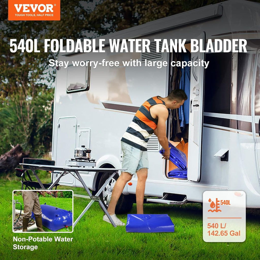 VEVOR 540L/142.7 Gallon Water Storage Bladder, RV Water Tank, 1000D Blue PVC Collapsible Water Storage Containers, Large Capacity Soft Water Bag, Portable Water Bladder, Garden Irrigation,Camping
