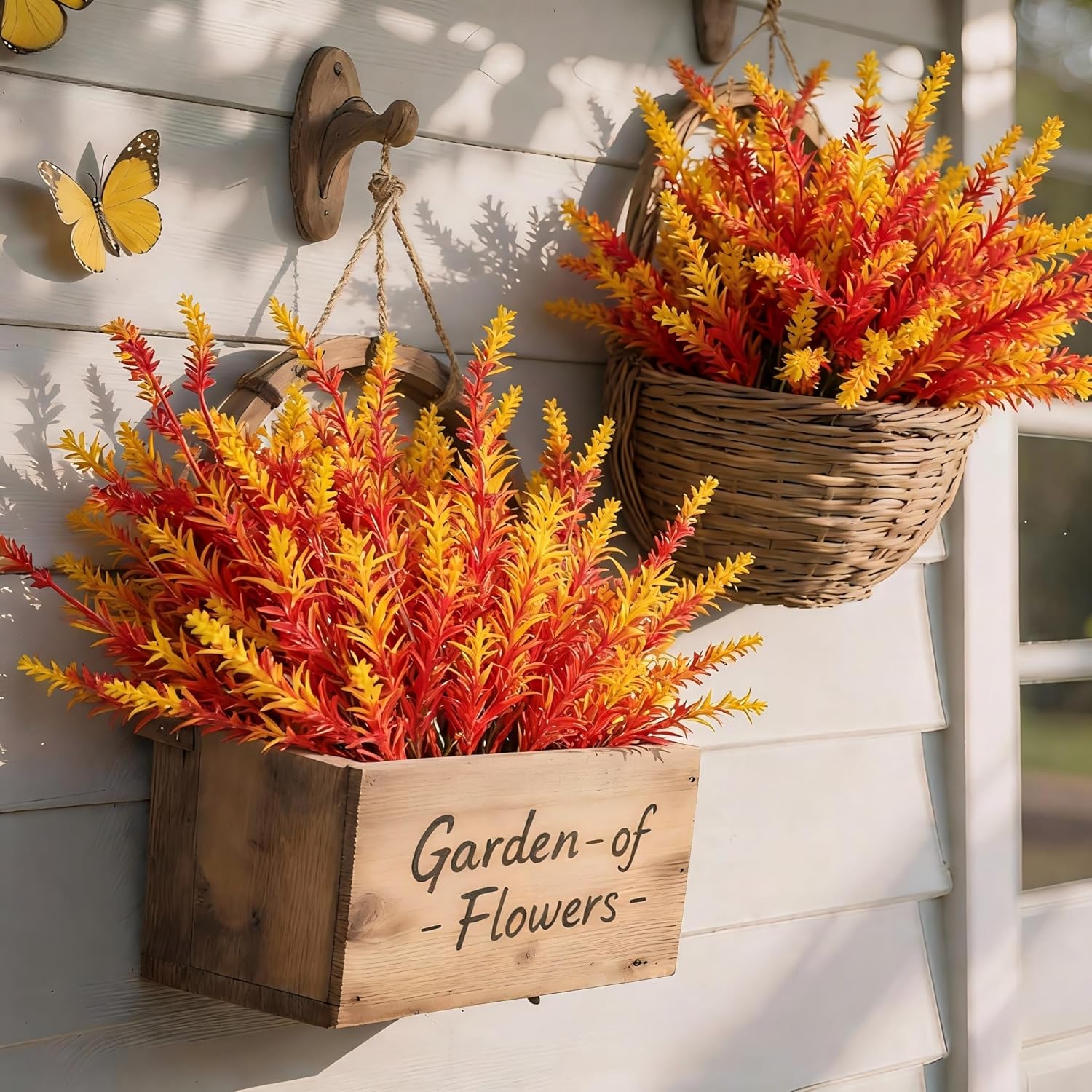 Geegoods 16 Bundles Artificial Fall Flowers Outdoor – Faux Lavender Flowers with Monkey Grass UV Resistant Plastic Faux Plants for Halloween Front Door Porch Patio Yard Balcony Decor, Orange Color