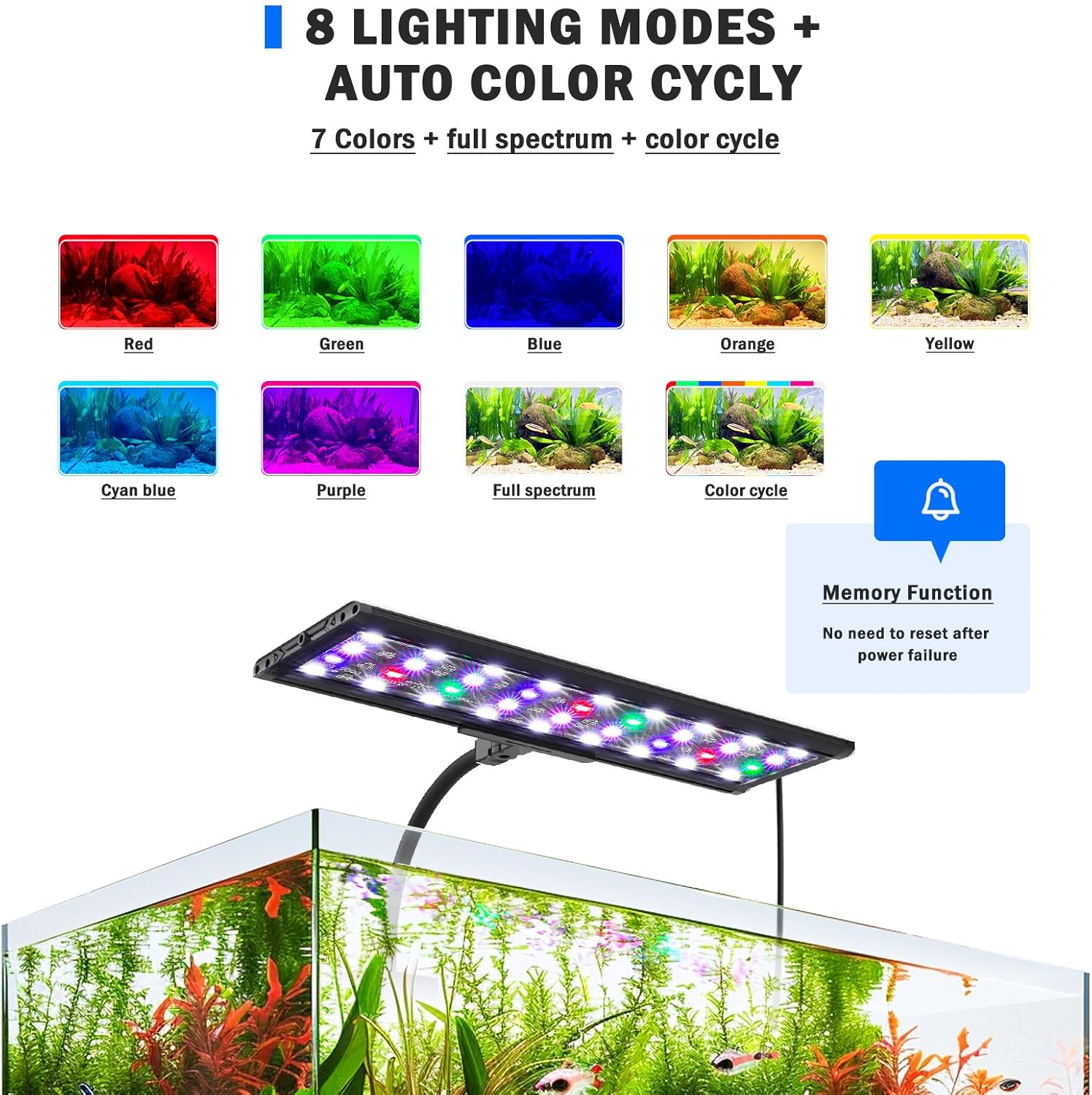 AQQA LED Aquarium Light, 24/7 Mode Clip on Fish Tank Light with Memory Function, DIY Mode Full Spectrum Aquarium Plant Light, Adjustable Timer/Brightness, IP68 Waterproof for 24-32 Inch Fish Tank 26W