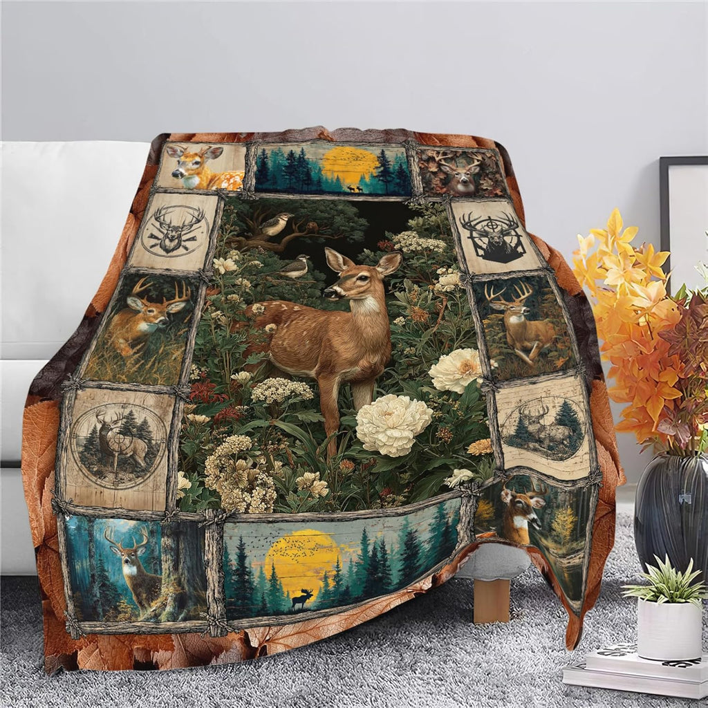 Deer Throw Blanket Hunting Deer Elk Stuff Gifts for Kids Girls Boys Adults Women Men Soft Cozy Warm Plush Fluffy Fuzzy Fleece Blanket Decor 60''X80''
