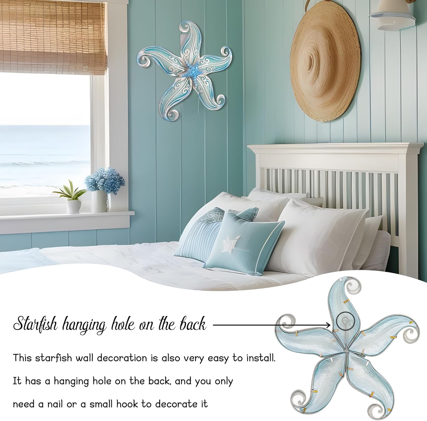 POXOHO Metal Starfish Wall Decor, Sea Life Coastal Decorations 12 inch Starfish Wall Art, Nautical Home Decoration Handing Ocean Beach Wall Art for Garden,Fence,Home,Patio,Kitchen,Bathroom,(Sky Blue)