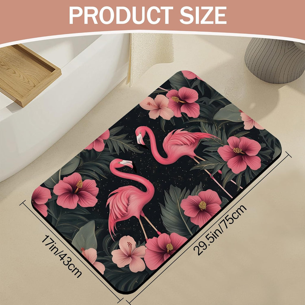 Bath Mat,Pink Flamingos Bathroom Rugs,Quick-Drying Non-Slip Rubber Bath Mats Hibiscus Flowers Absorbent Diatomaceous Earth Mat for Bathroom Home Decor 17"x29.5"