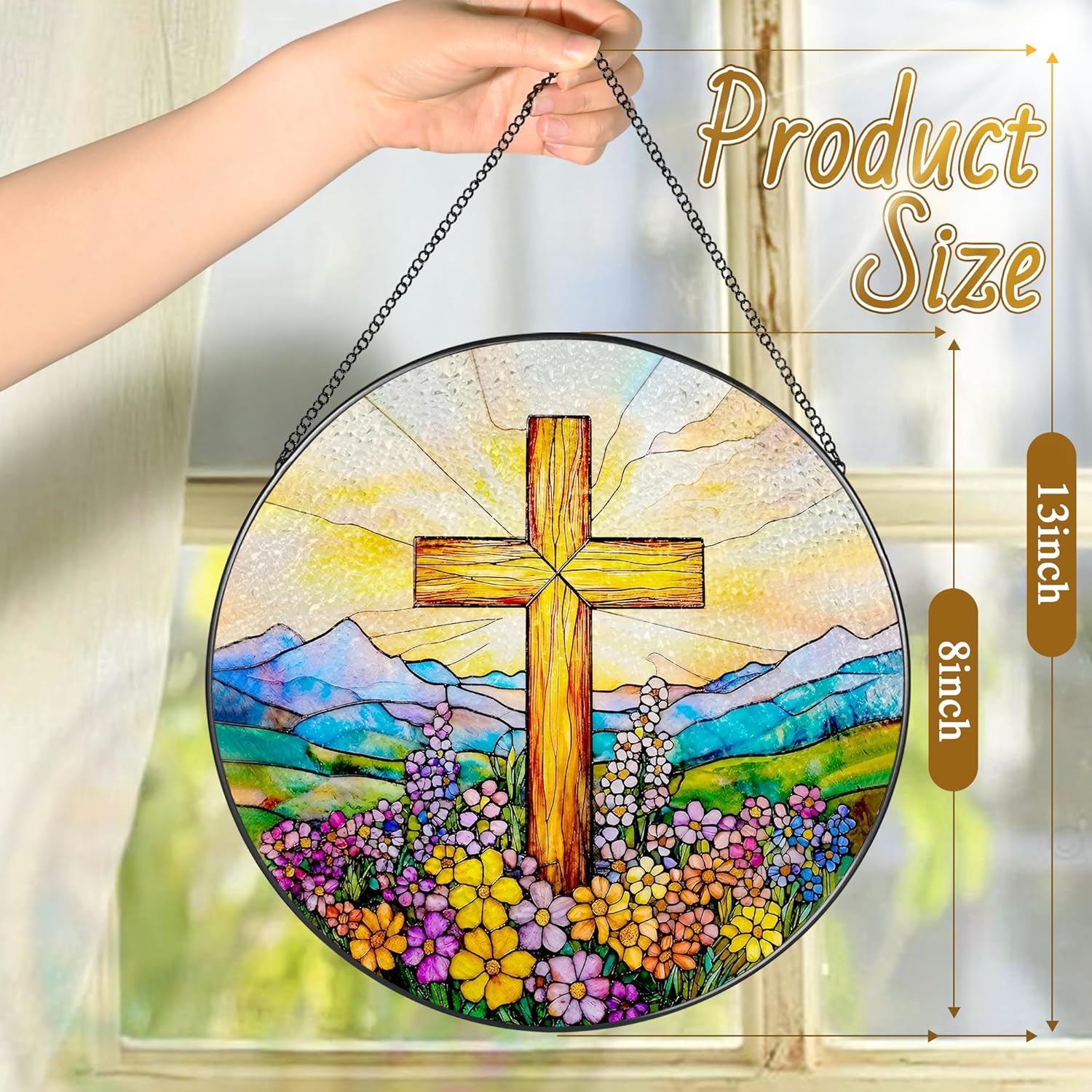 8 Inch Cross Wildflower Stained Glass Suncatcher, Christian Stained Glass Window Hanging, Religious Cross Sun Catcher, Easter Suncatcher Decor, Religious Gifts, Christian Gifts, Easter Gift