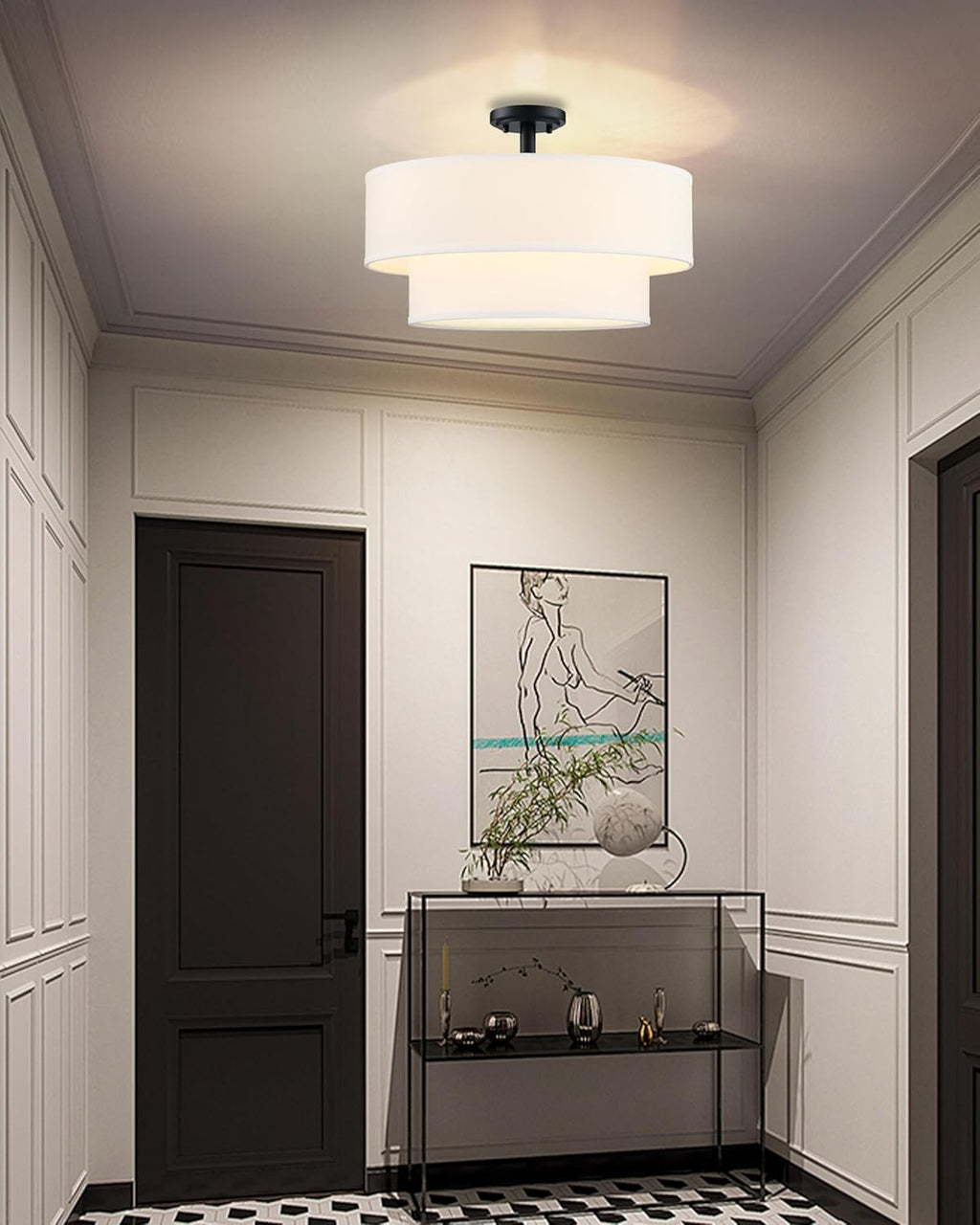 4 Light Off White Double Drum Fabric Shade Semi Flush Mount Ceiling Light,Close to Ceiling Light Fixture Black Finish,20 inch Semi Flush Drum Light for Bedroom,Living Room,Dining Room Hallway