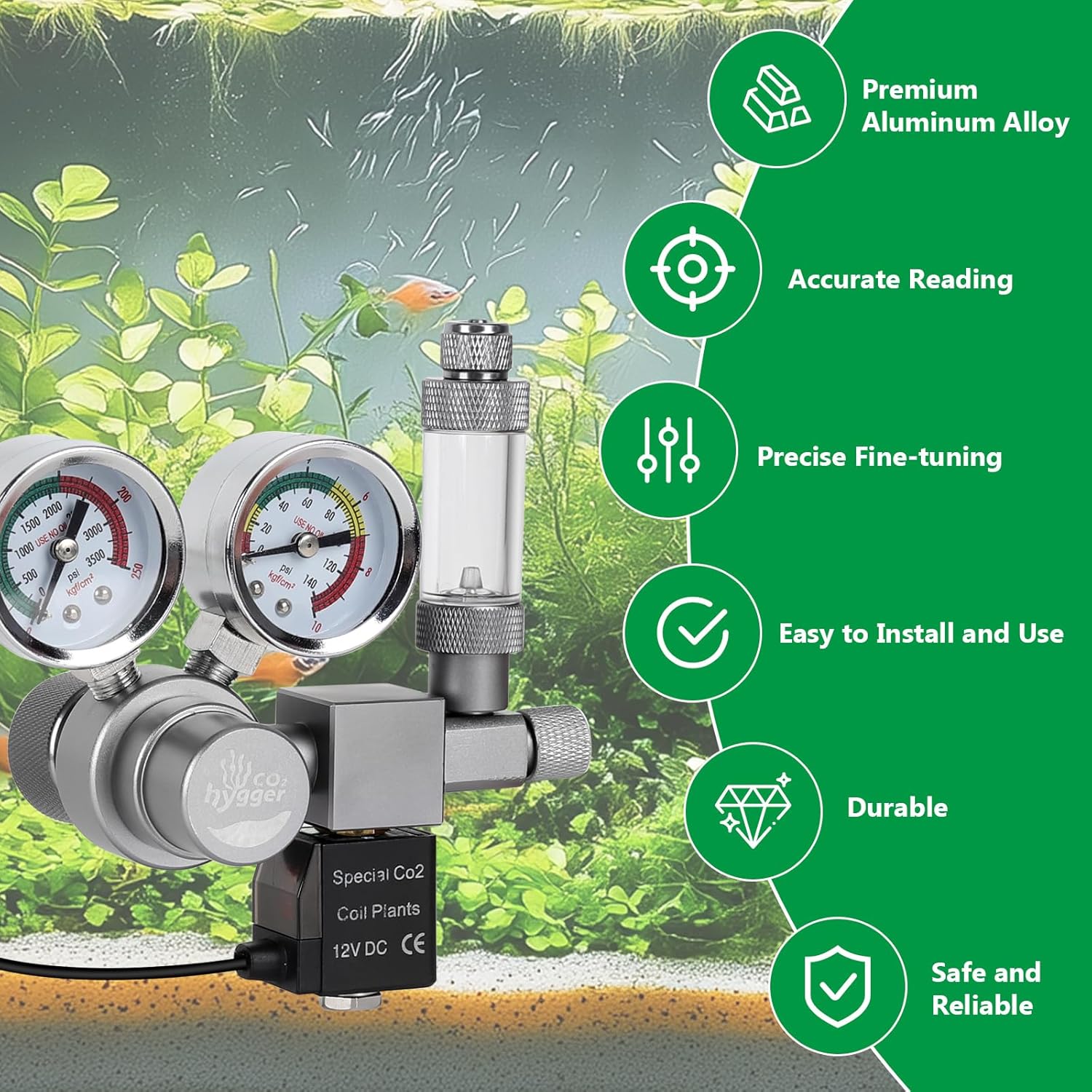 Aquarium Co2 Regulator, Dual Gauge Accurate Display, with 12V DC Solenoid Valve, Bubble Counter and Check Valve,for Establishing CO2 System in Aquatic Plant Tank