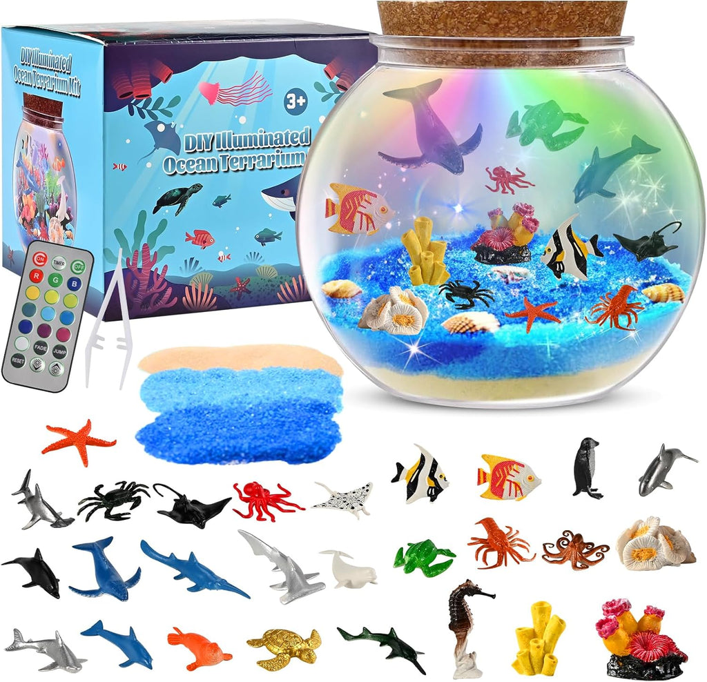 Light Up Ocean Terrarium Kit for Kids, 13 Colors LED sea Animal Toys Crafts for Kids Ages 4-8, Night Light Decor Christmas Birthday Gifts Toys for Kid Girls Boys Ages 4 5 6 8-12