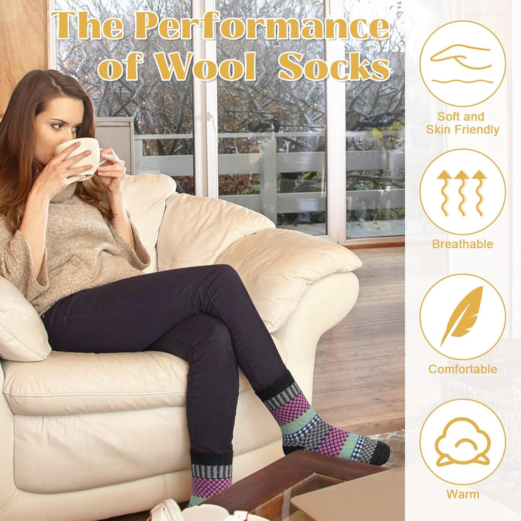 Justay 5 Pairs Wool Socks for Women - Winter Thick Boot Cozy Crew Vintage Soft Calf Knit Warm Socks Gifts
