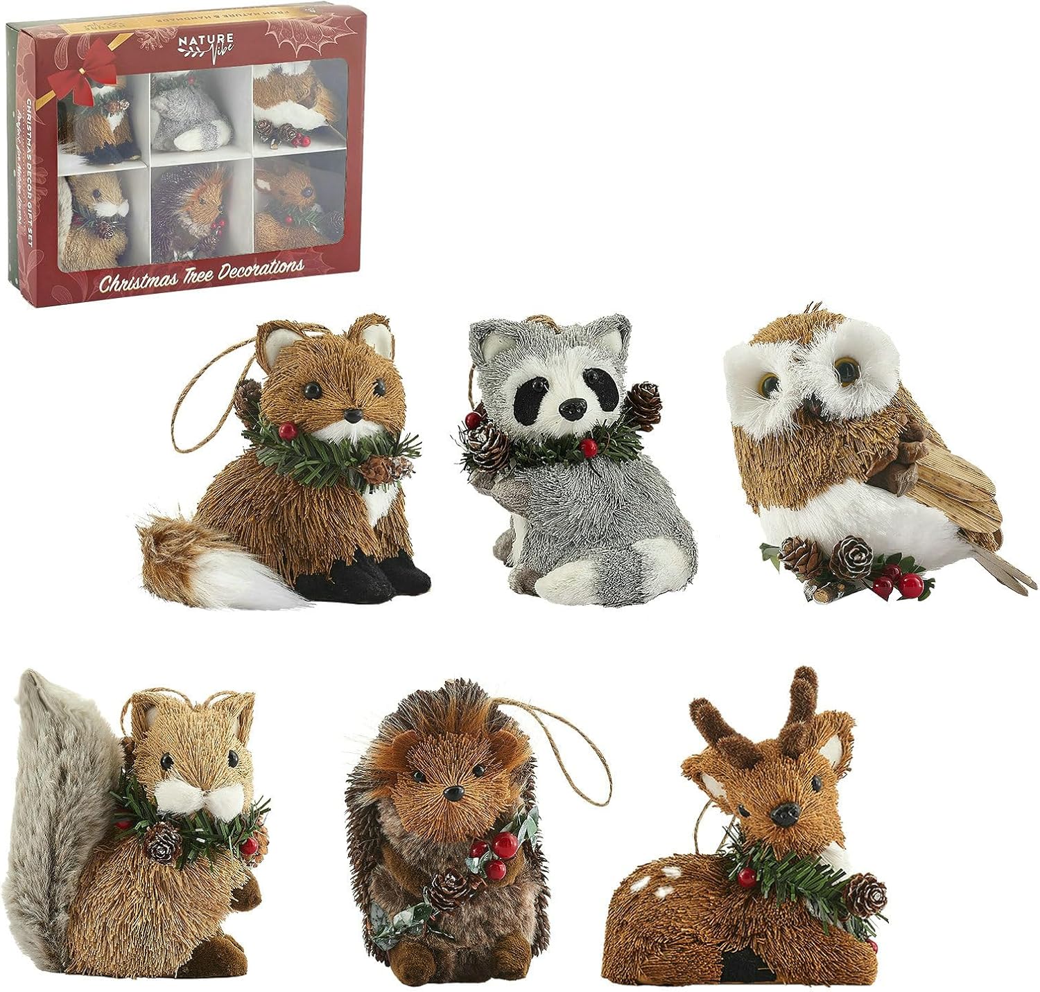 naturevibe Sisal Woodland Animals Christmas Tree Ornaments,Set of 6 Natural Woodland Creatures Christmas Ornaments in Gift Box for Rustic Christmas Tree Decorations or Farmhouse Decor