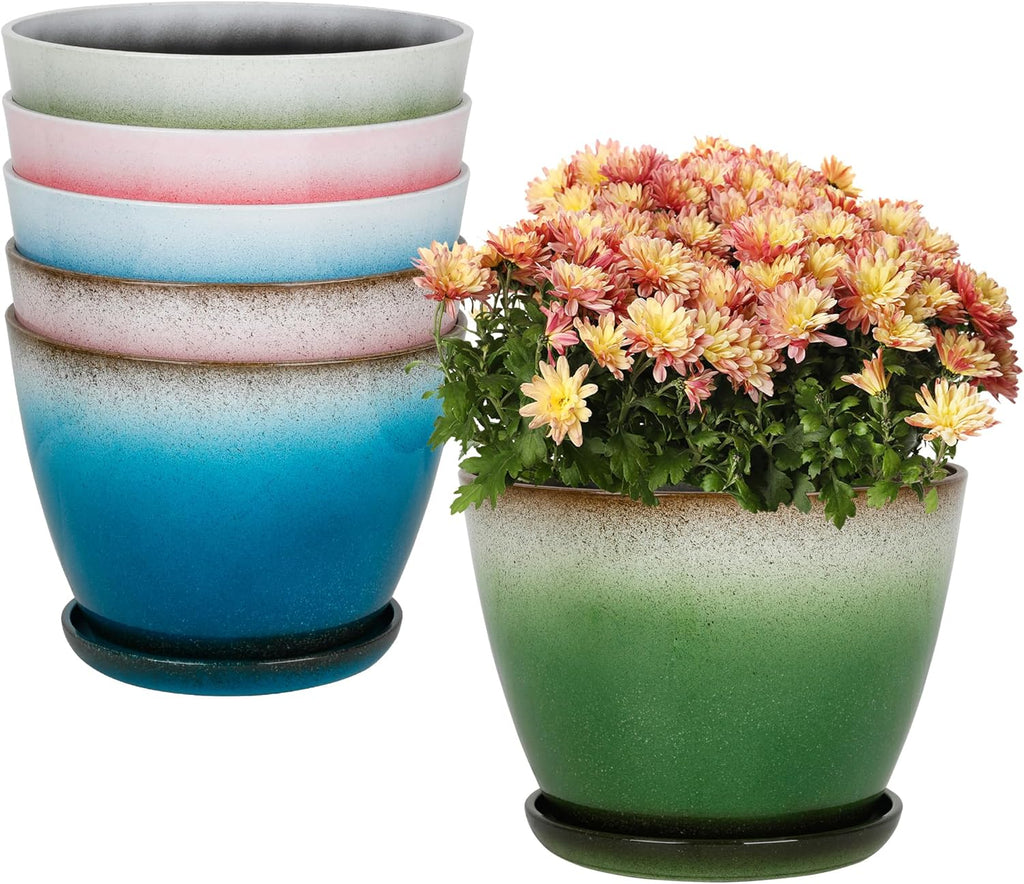 Worth Garden Plastic Round 8" Plant Pots - Set of 6 Multicolor Small Gloss Flower Pot Planters with Drainage Hole and Saucer - Home Decorative Christmas Containers