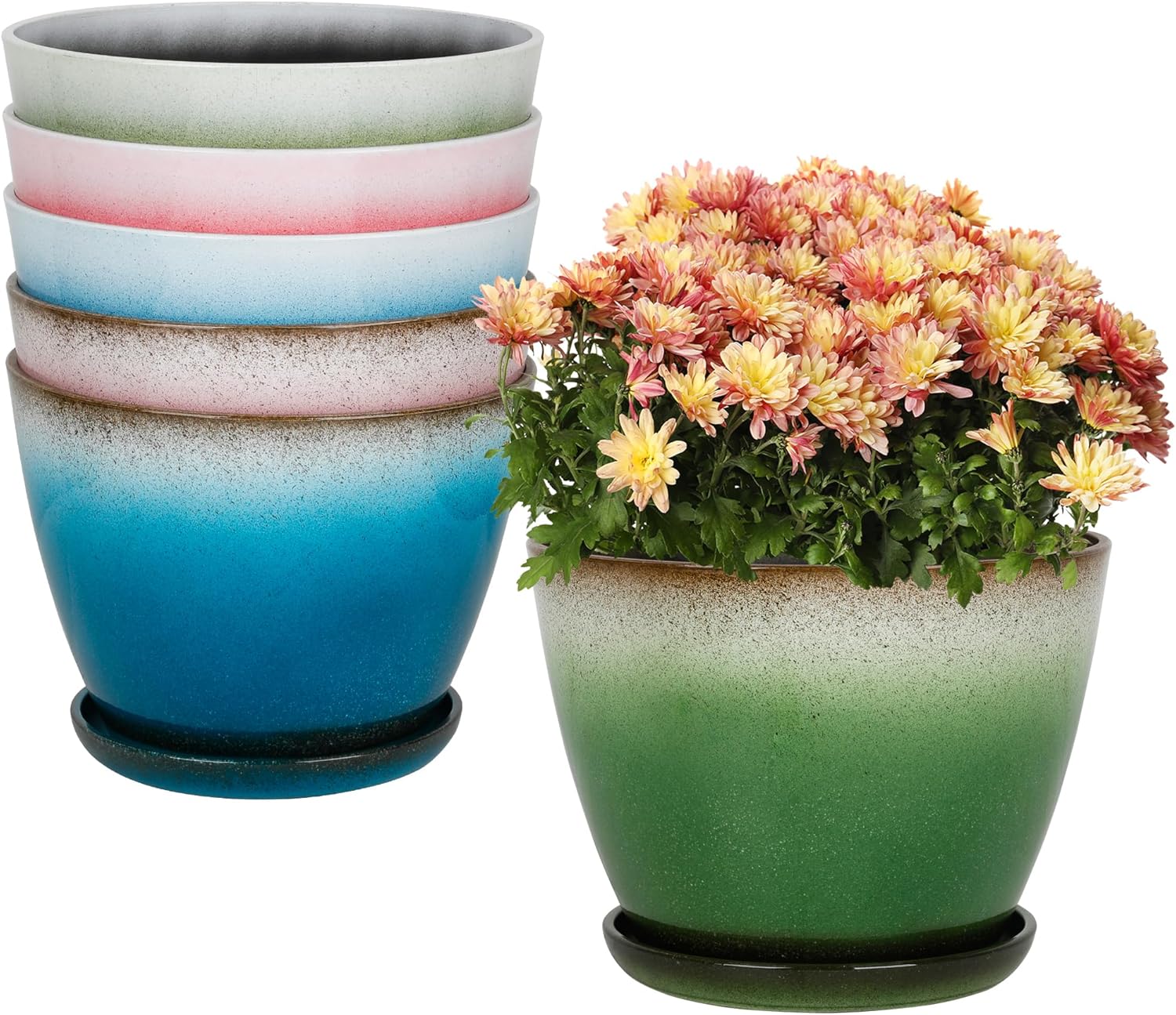 Worth Garden Plastic Round 8" Plant Pots - Set of 6 Multicolor Small Gloss Flower Pot Planters with Drainage Hole and Saucer - Home Decorative Christmas Containers