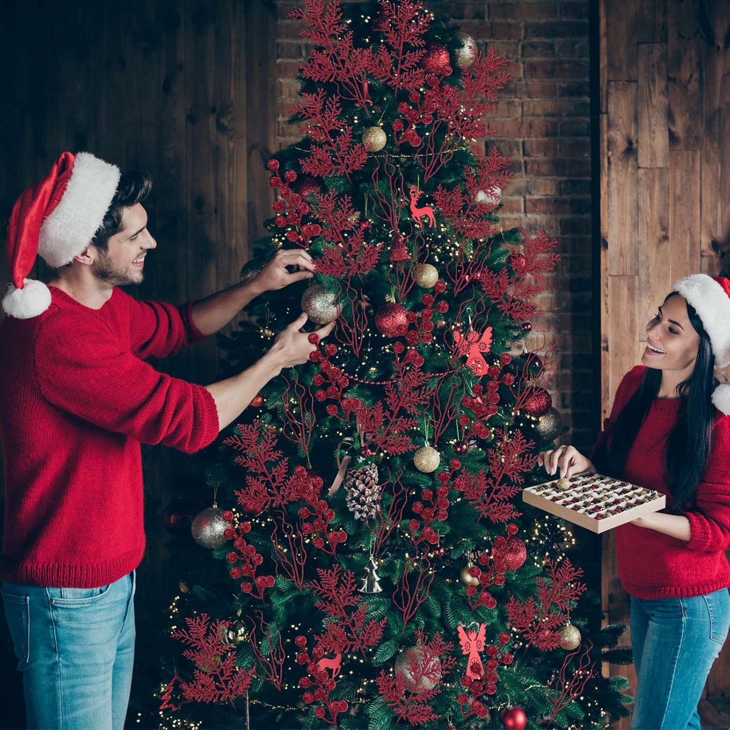 75 Pcs Christmas Glitter Branches 3 Styles Artificial Christmas Picks Berries Stems Pine Needles Floral Twig Spray for Xmas Tree Ornaments DIY Wreath Garland(Burgundy)