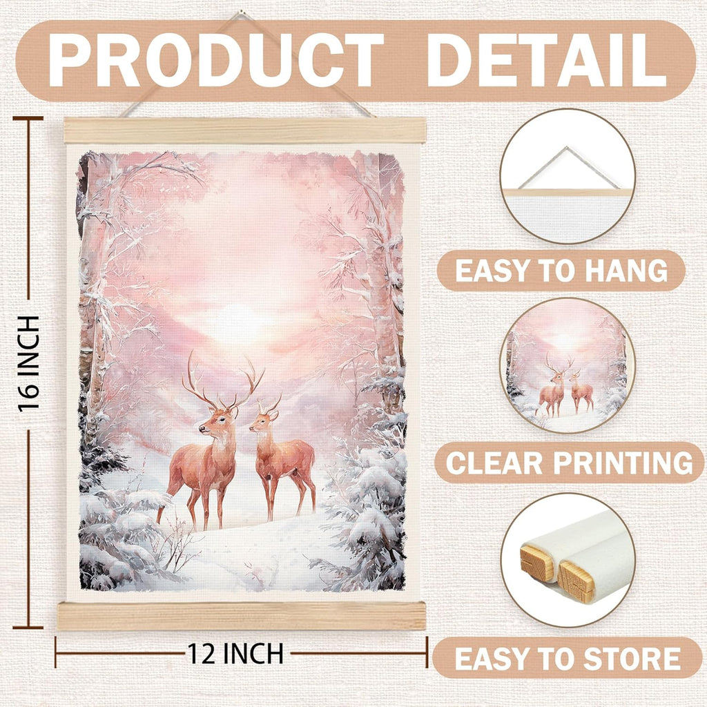 FDHSPAAM Pink Winter Deer Wall Art Decor, Vintage Christmas Decor, Rustic Holiday Pink Snowy Forest Sunset Winter Scene Wall Art Posters for Home Bedroom Living Room, 12x16 Inch