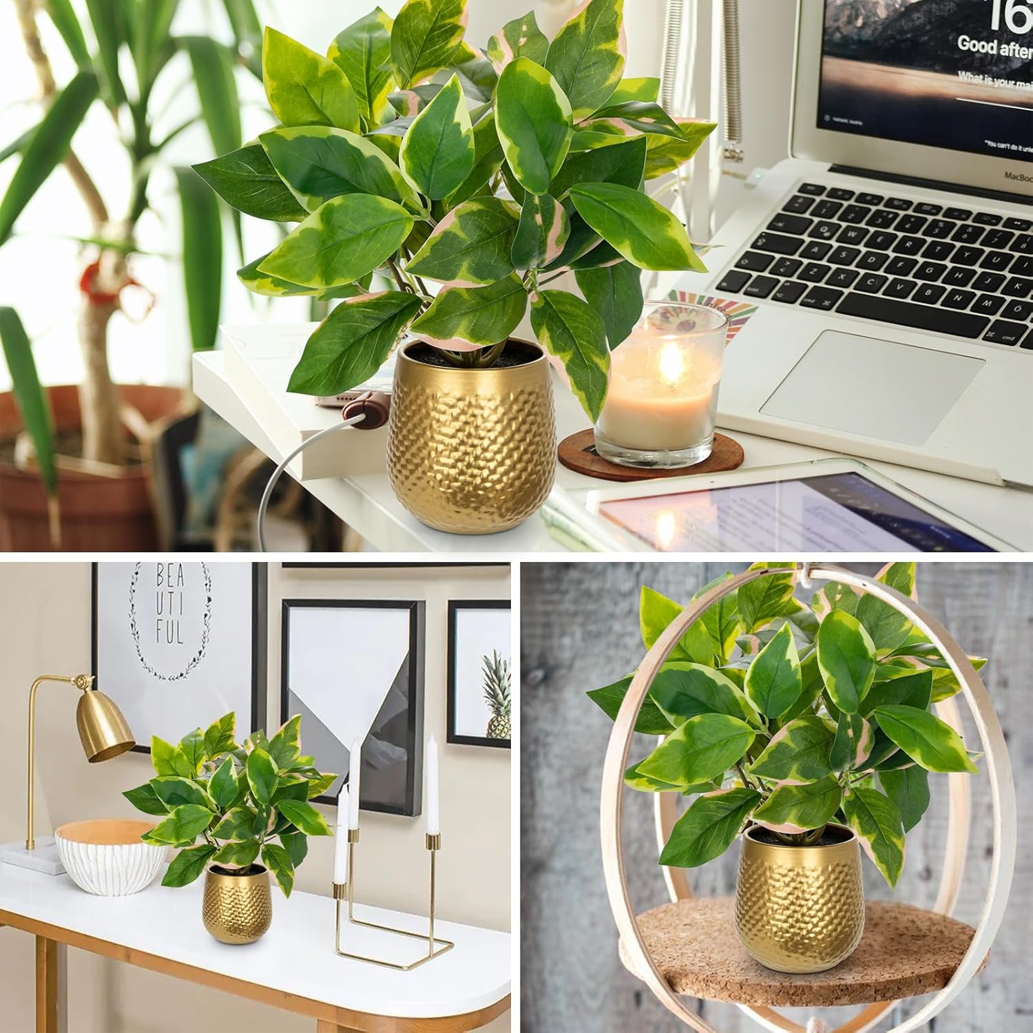 Oairse Articicial Plants Indoor Small Fake Plants in Pots Faux Pothos N‘ Joy Potted Plant Fake Indoor Plants with Gold Pots for Bathroom Living Room Office Desk Shelves