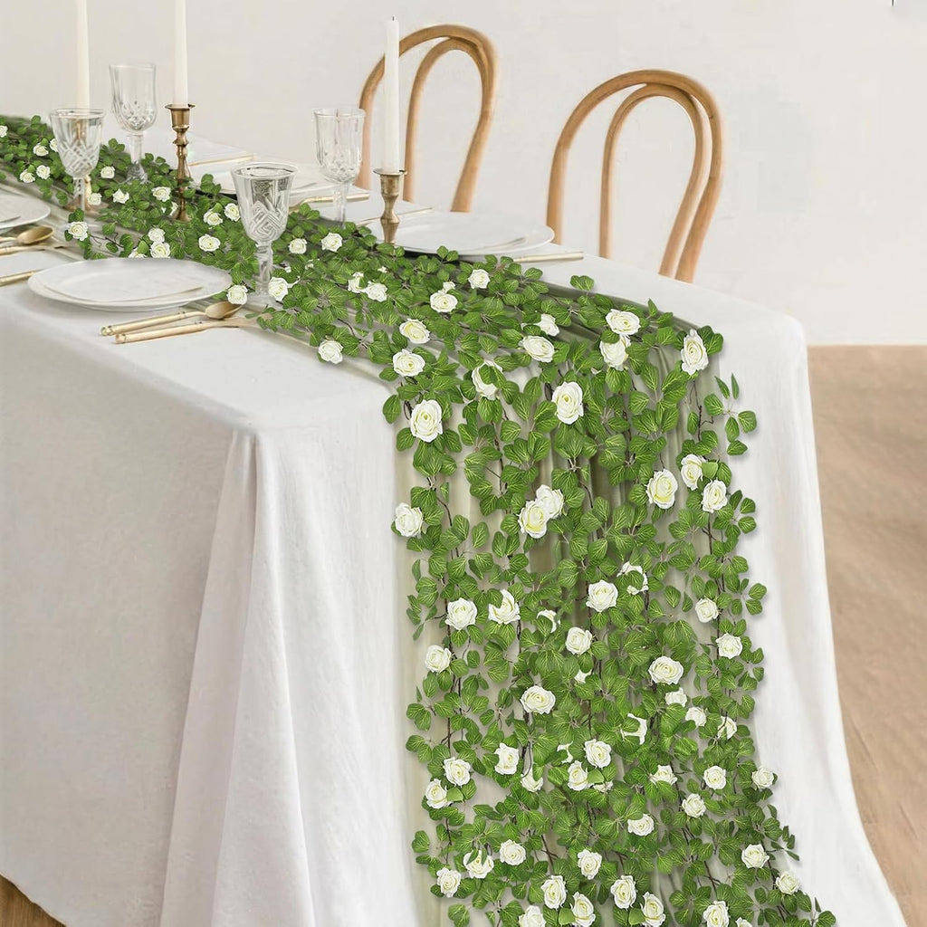 Artificial Roses Vines Flowers Garland Hanging Silk Rose Vine Floral Garland White UV Resistant Realistic Faux Hanging Flowers Plants Fake Ivy Vines for Outdoor Porch Outside Decor Patio Yard