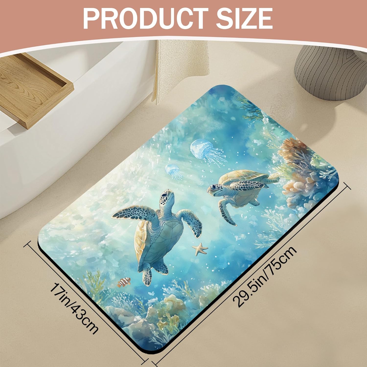 Bath Mat,Sea Turtles Bathroom Rugs,Quick-Drying Non-Slip Rubber Bath Mats Absorbent Diatomaceous Earth Mat for Bathroom Home Decor 17"x29.5"