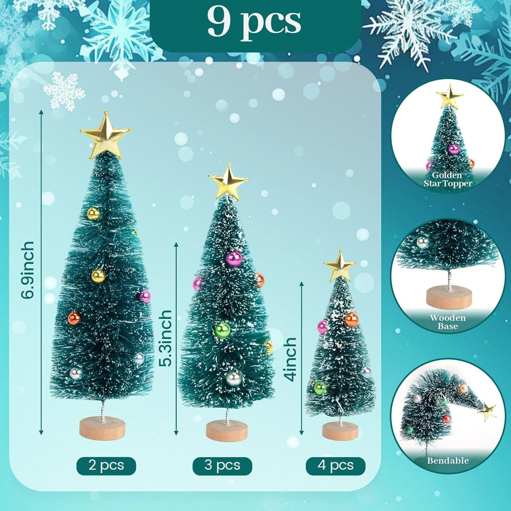 LOVEINUSA Mini Christmas Trees with Ornaments, 9PCS Sisal Snow Frost Trees with Wood Base for Table Top Decoration and DIY Diorama Models
