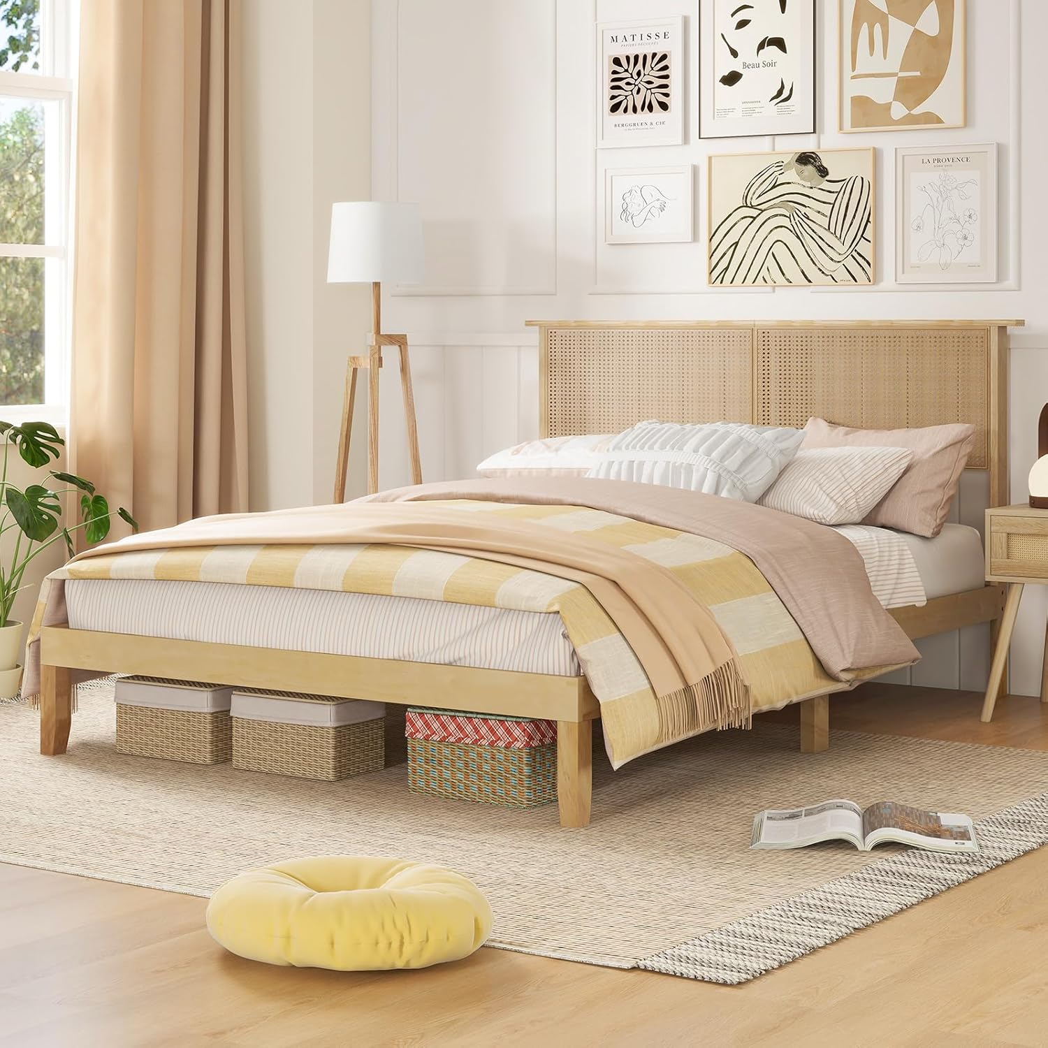 Giantex Queen Size Rattan Bed Frame with Rattan Headboard, Boho Solid Wood Platform Bed with Wooden Slats, 12 Inch Bed Frame Queen with Storage Underneath, No Box Spring Needed, Natural