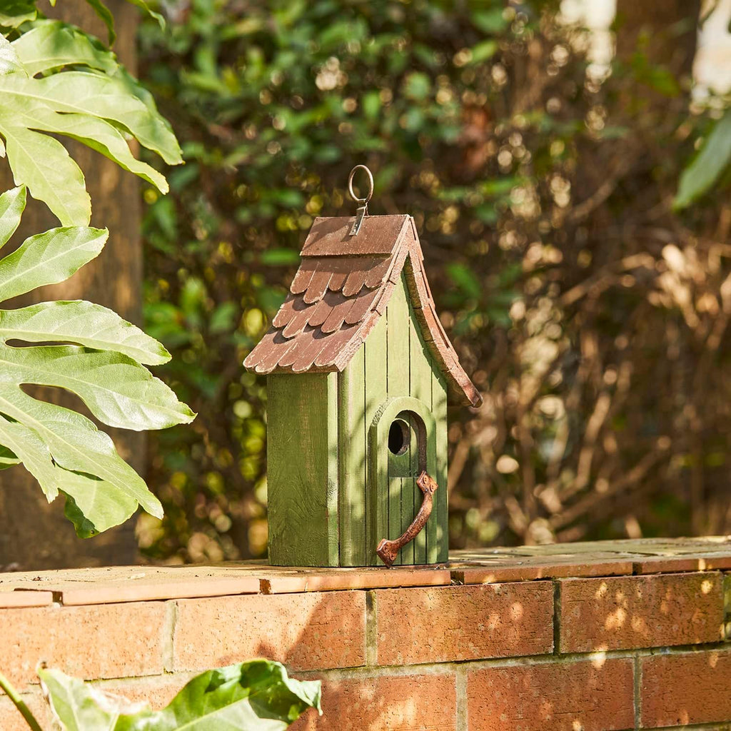 Glitzhome Green Hand Painted Garden Wood Birdhouse with Single Roof Hanging Bird House for Outside